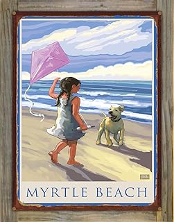 Northwest Art Mall Myrtle Beach Beach, Girl, Dog & Kite Rustic Metal Print on Reclaimed Barn Wood from Illustration by Artist Joanne Kollman 17" x 23"