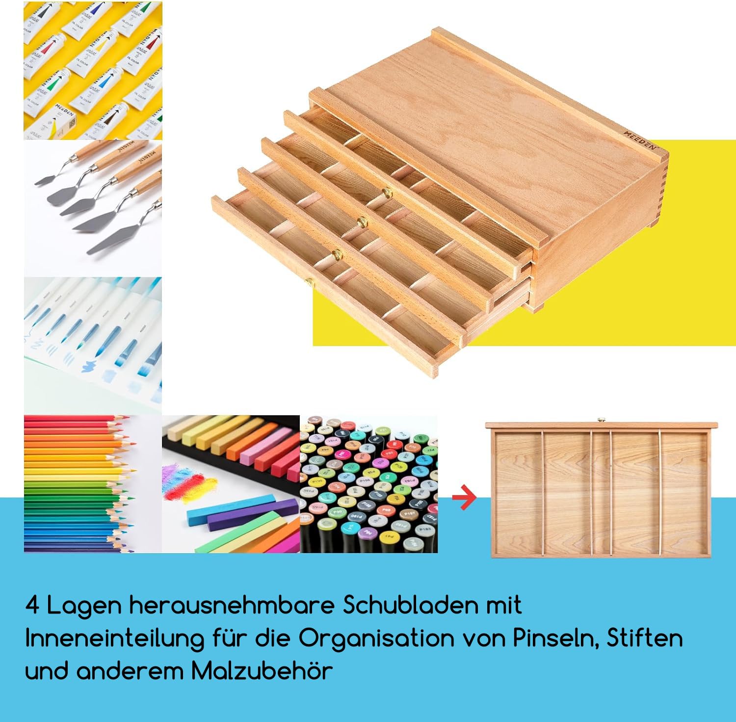 MEEDEN Aufbewahrungsbox für Künstler, 4 Schubladen, tragbar, Buchenholz, für Künstler und Pinsel, Aufbewahrungsbox mit Fächern und Schublade für Pastellstifte, Bleistifte, Stifte, Marker, Pinsel