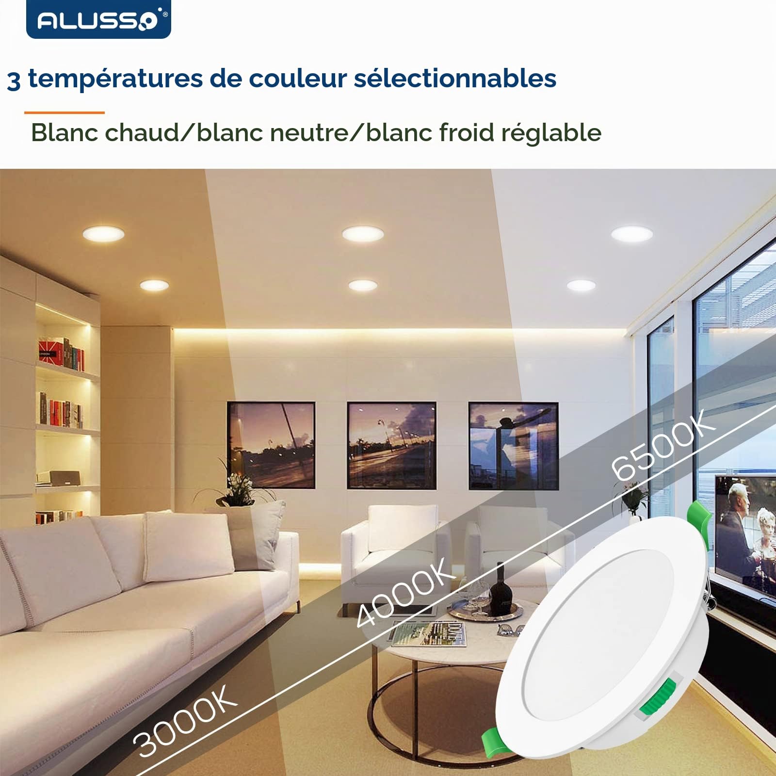 ALUSSO LED Spot Encastrable 5W IP65 Dimmable 3CCT 75-85mm Lot de 6 | 400 Lumen Blanc Chaud 3000K Blanc Neutre 4000K Blanc Froid 6500K, 230V éclairage Plafond Encastré Pour Salle de Bain, Cuisine