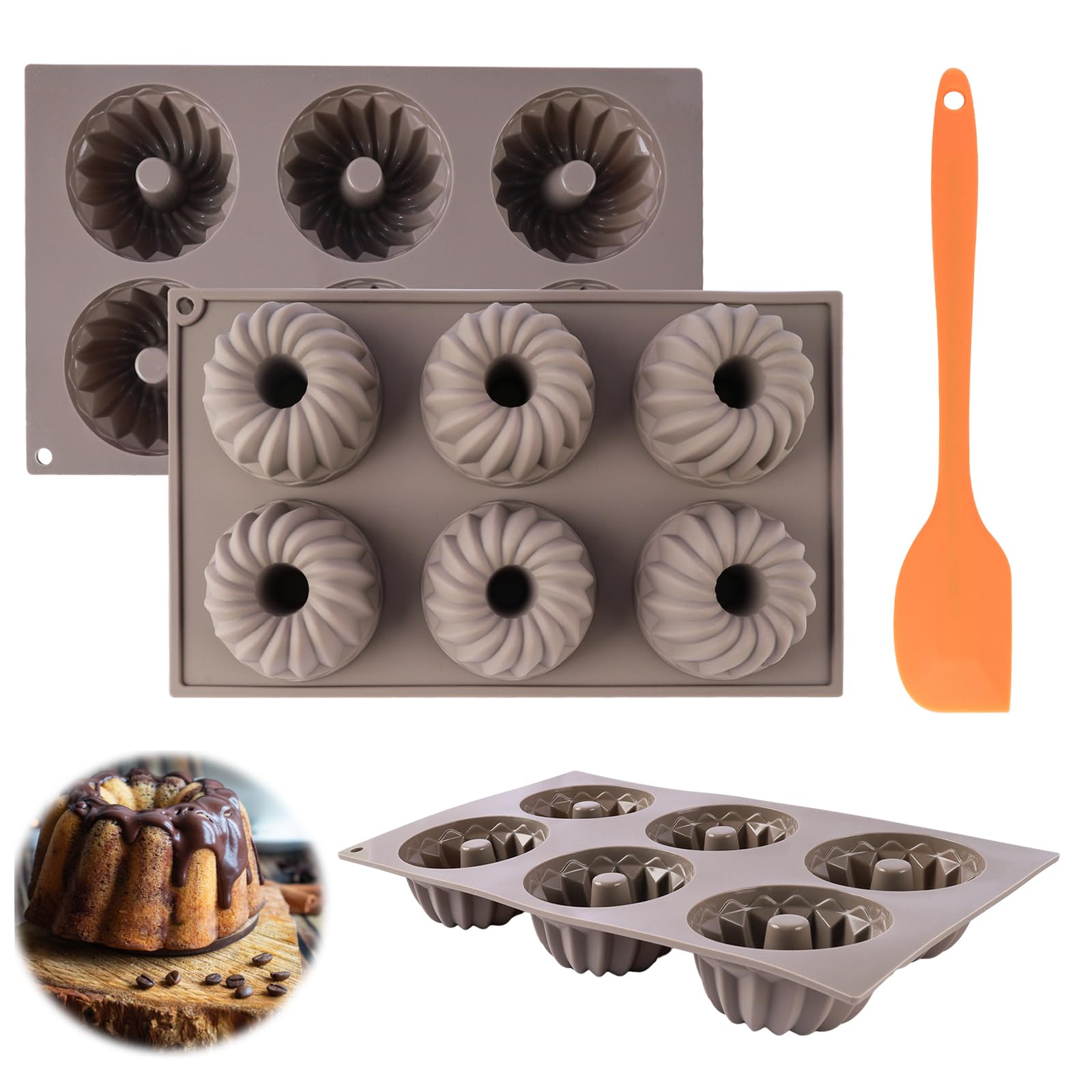 Mini Gugelhupfform Silikon, 3 Stück Silikon Gugelhupf Kuchenform Ø 8 cm, 6er Wiederverwendbare Klein Muffinform Kuchenform für Muffins,Cupcakes,Brownie(grau)