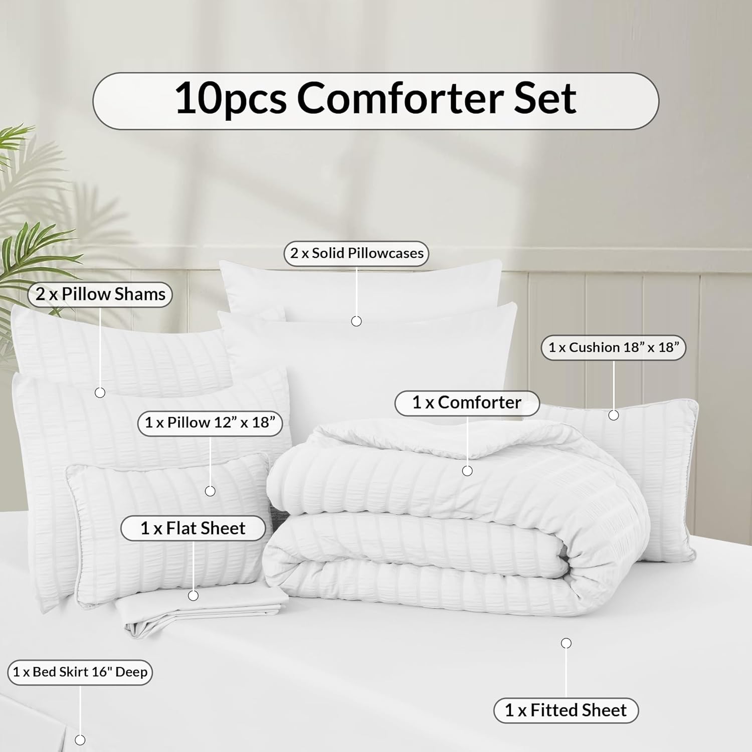 Lux Decor 10 Piece Comforter Set Queen Size 88x88 Inch, Seersucker Bed in a Bag Queen Bedding Set - Down Alternative Comforter Set with Sheets for All Seasons - White