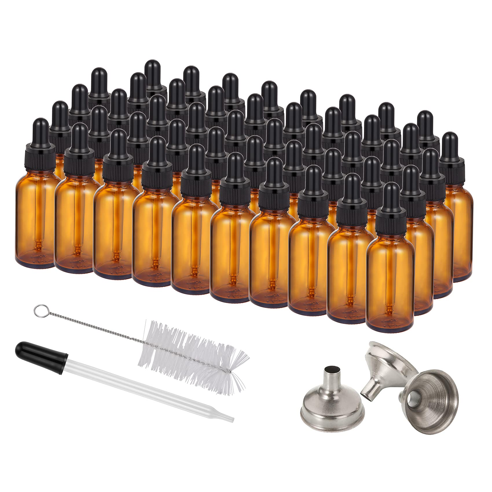Cibeat48 Pack 1oz Amber Glass Eye Dropper Bottle with 3pcs Stainless Steel Funnels and Long Glass Dropper and Cleaning Brush - 30ml Leakproof Travel Bottles for Liquids Like Essential Oils