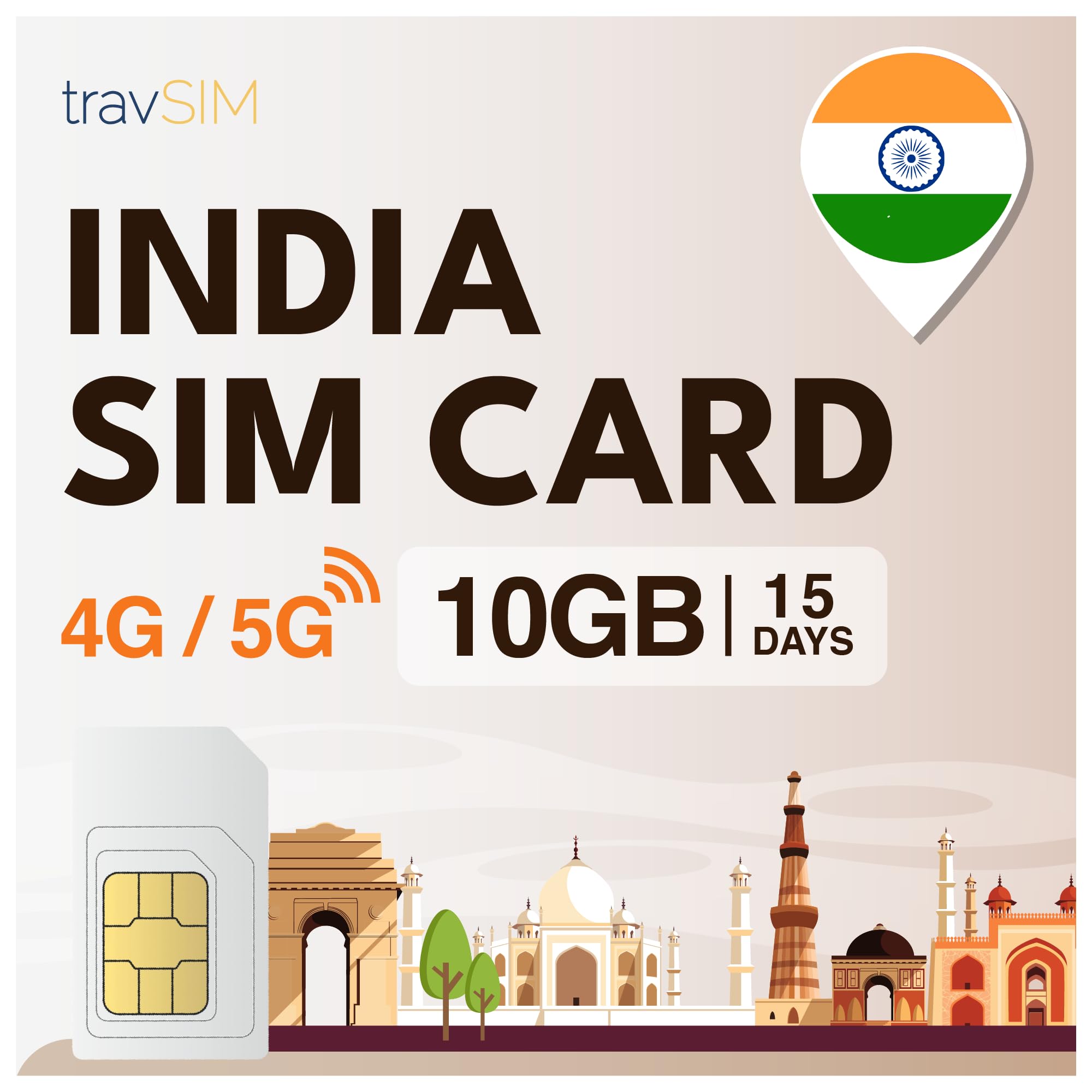 travSIM Carte SIM Inde | 10GB de données Mobiles | Roaming Gratuit au Sri Lanka et dans Plus de 15 Pays d'Asie | Le Plan de Cette Carte SIM Inde est valable 15 Jours