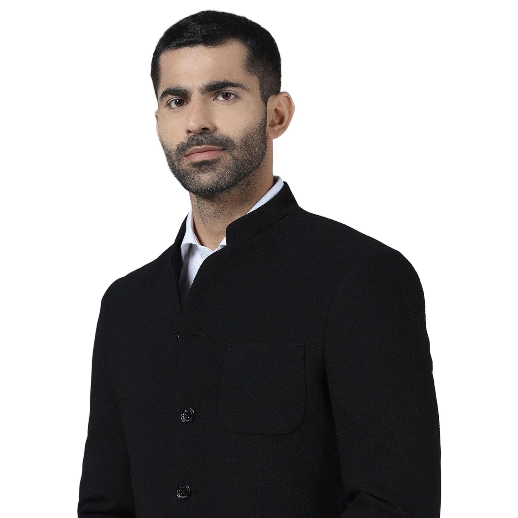 Men Poly-Blend Black Textured Slim Fit Formal Blazer