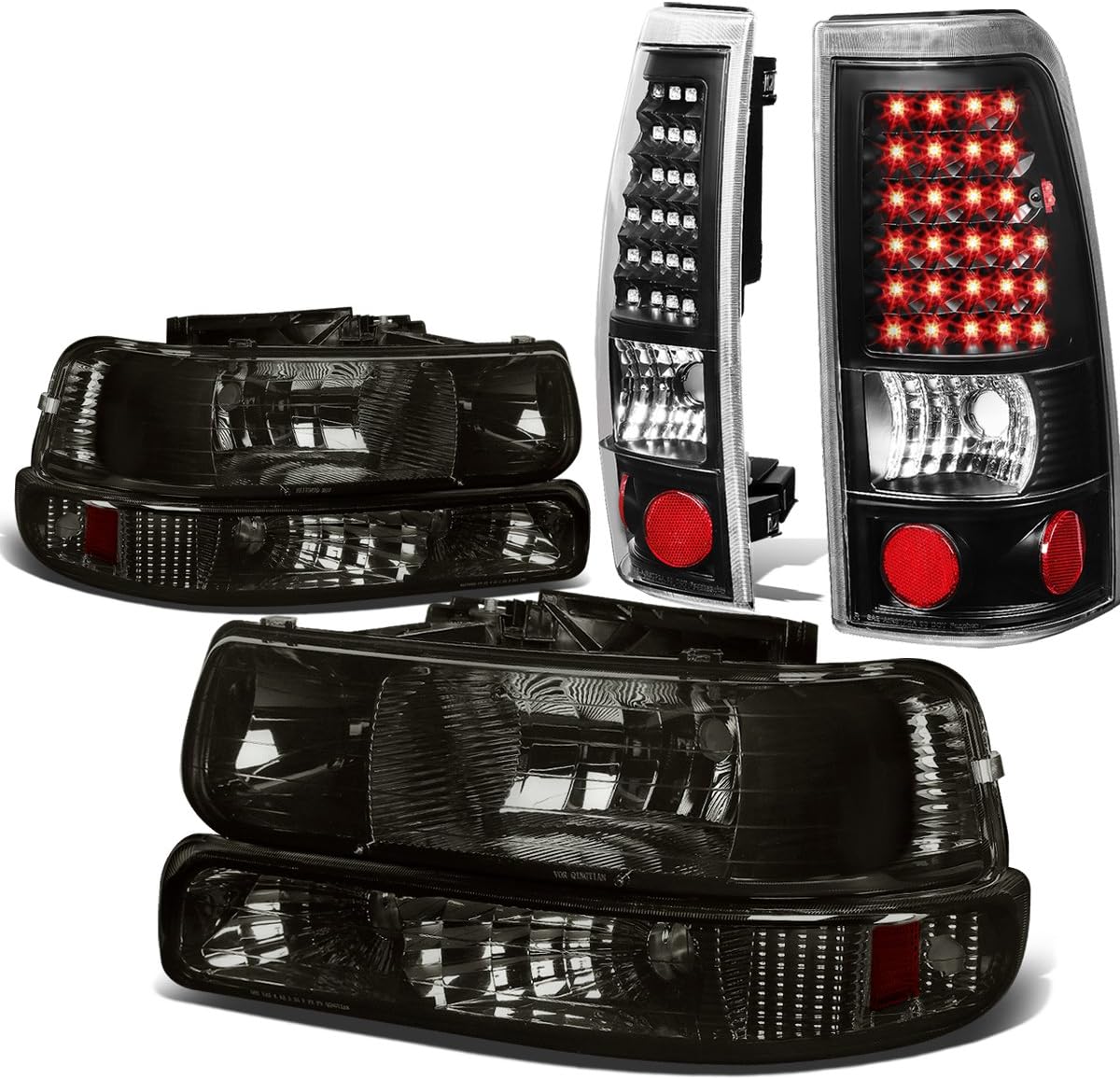 Auto Dynasty Compatible with Chevy Silverado GMT800 4pc Pair of Smoked Lens Amber Corner Headlight + Black Clear Lens LED Tail Light