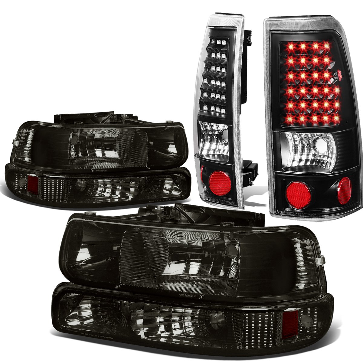 Auto Dynasty Compatible with Chevy Silverado GMT800 4pc Pair of Smoked Lens Amber Corner Headlight + Black Clear Lens LED Tail Light