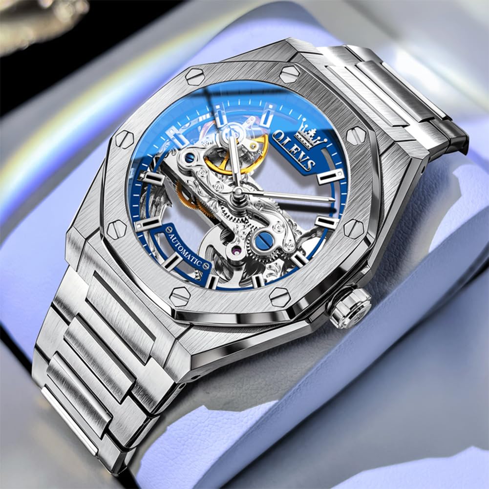 OLEVS Montre squelette automatique pour hommes montres mécaniques de luxe | Montre-bracelet à remontage automatique, sans pile, acier inoxydable, étanche 3TM, montre de sport, 42 mm