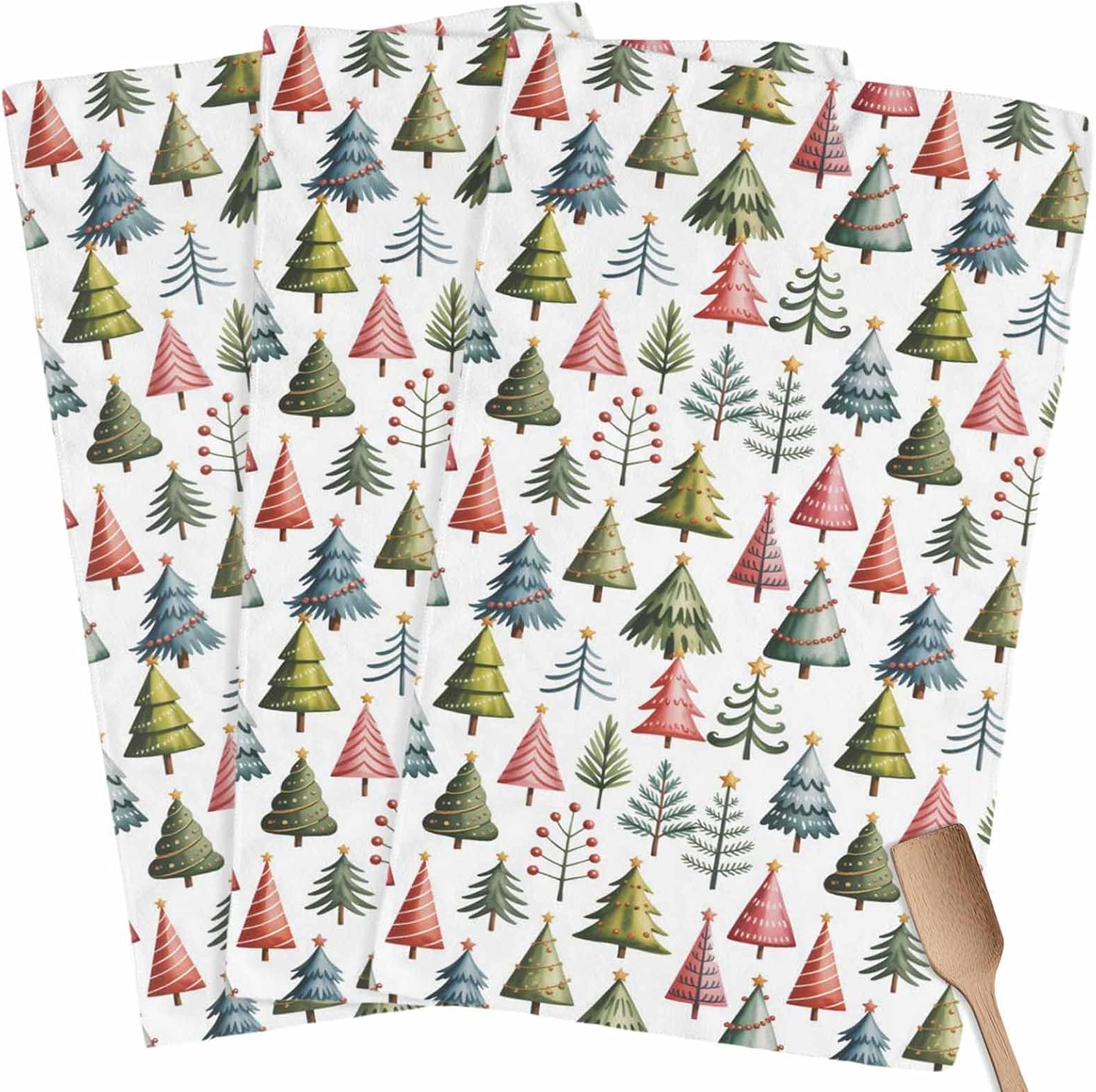 Christmas Tree Kitchen Towels, Absorbent Microfiber Kitchen Dish Hand Tea Bath Towel, Quick Dry Cleaning Cloth Dishclothes Decorative Sets, Cartoon Colorful Xmas Red Green Plant (3-PC, 18x28)