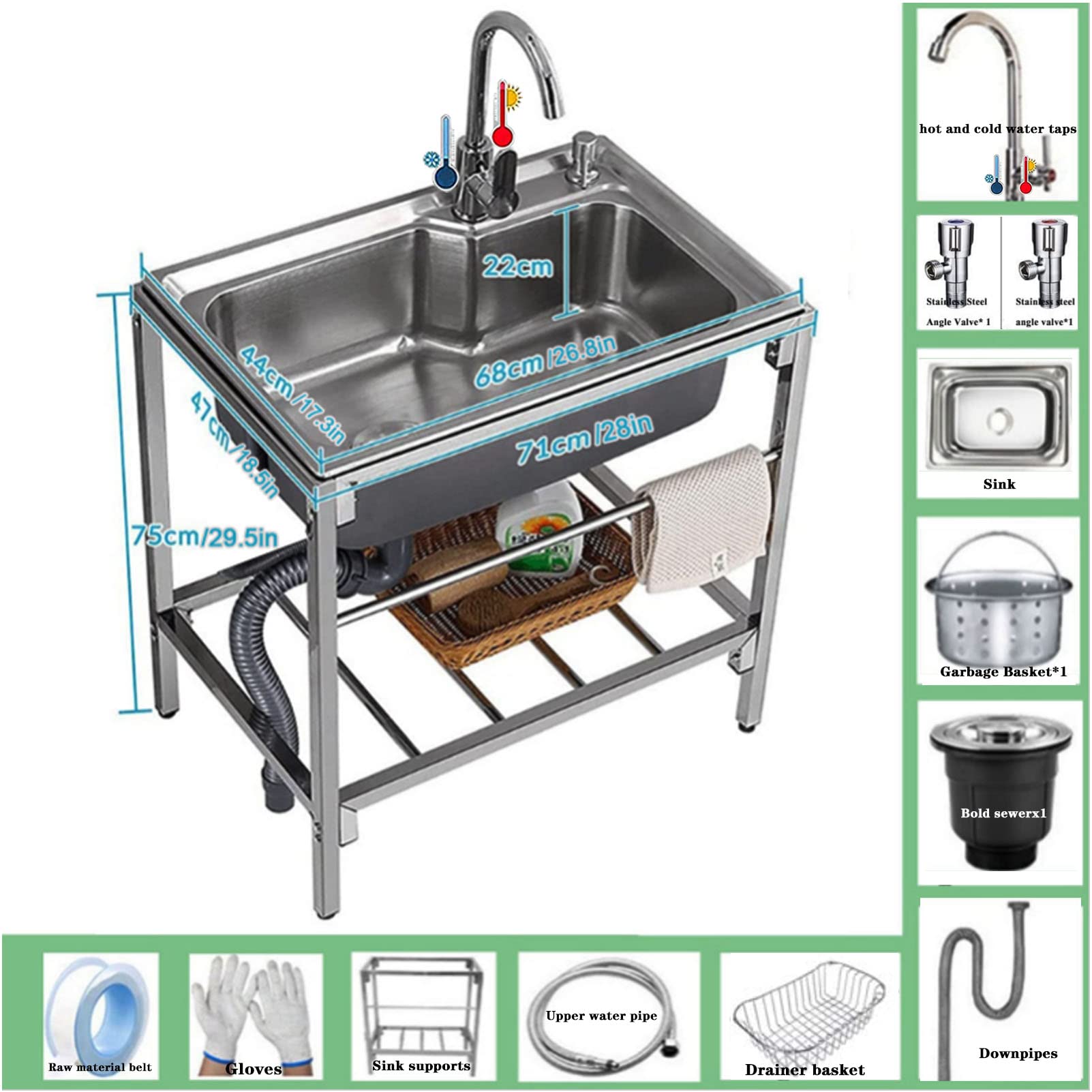 Edelstahl-Spülbecken für gewerbliche Restaurantküchen, Einzelbecken zum Vorbereiten und Waschen, mit Kalt- und Warmwasseranschluss, Armatur, Ablagen, für den Innen- und Außenbereic