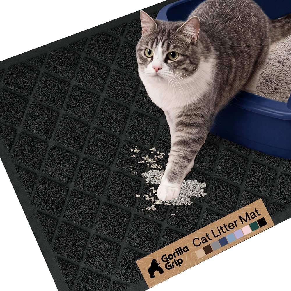 GORILLA GRIP Cat Litter Box Mat, Cushioned Coil Mesh Litter Trapping Mats, Scatter Control Supplies for Less Mess, Phthalate Free, Ultra Deep Catch Grooves, Rinse or Vacuum to Clean, 61x43 Black