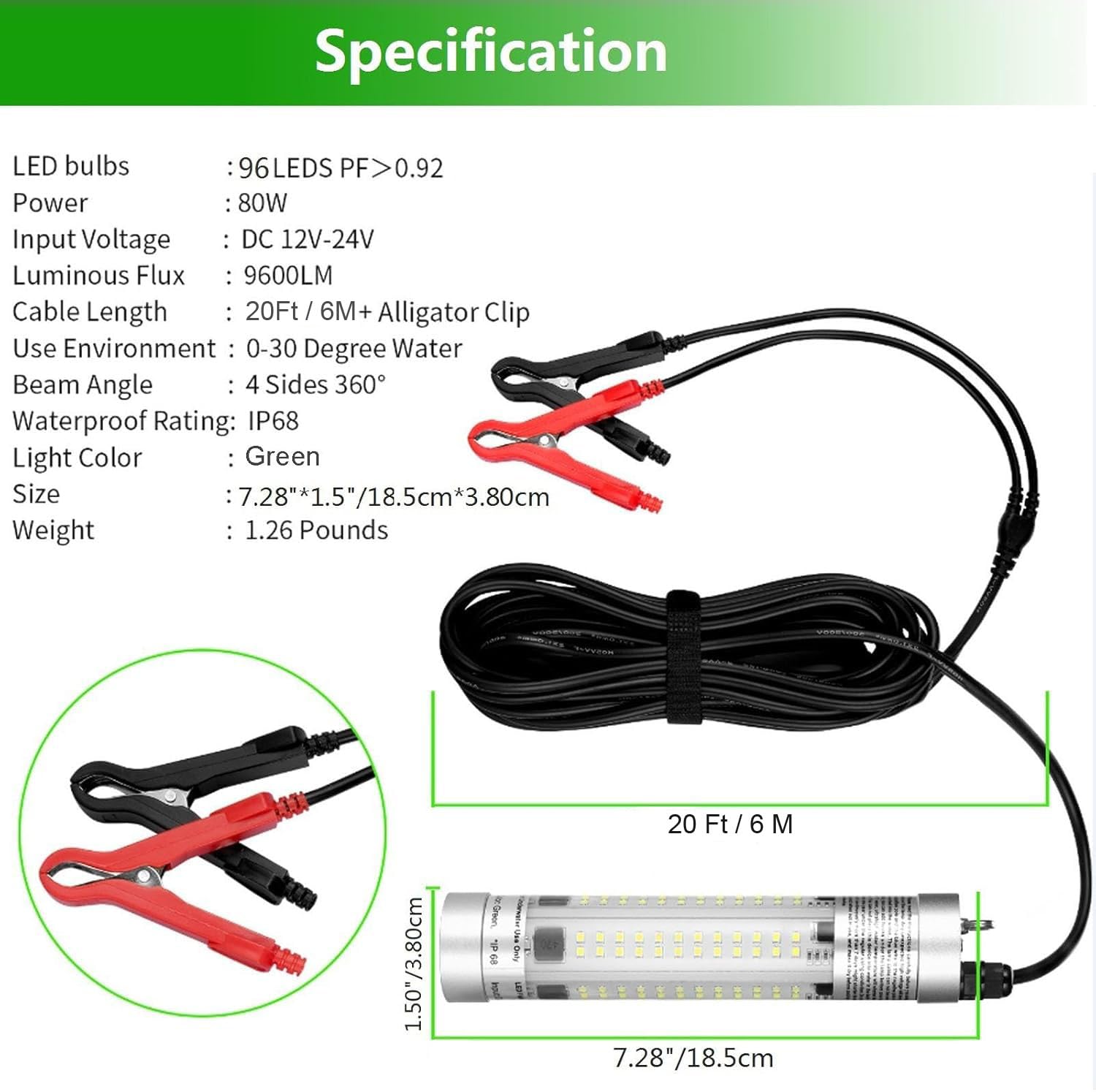 Luz de pesca submarina superbrillante de 80W 9600 lúmenes, impermeable IP68, alliage d'aluminium durable, para pesca nocturna, señuelo y cebo para barco, kayak y muelle (luz verde)