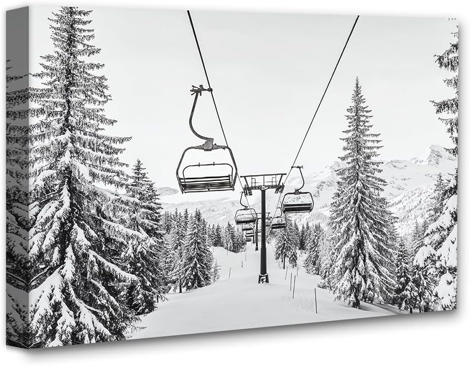 The Run Is Closed Ski Lift Winter Landscape Black and White 18x24 Stretched Canvas – Vintage Ski Posters, Ski Cabin Decor, Rustic Lodge Decor, Ski Resort Artwork, Gift for Skiing Enthusiasts