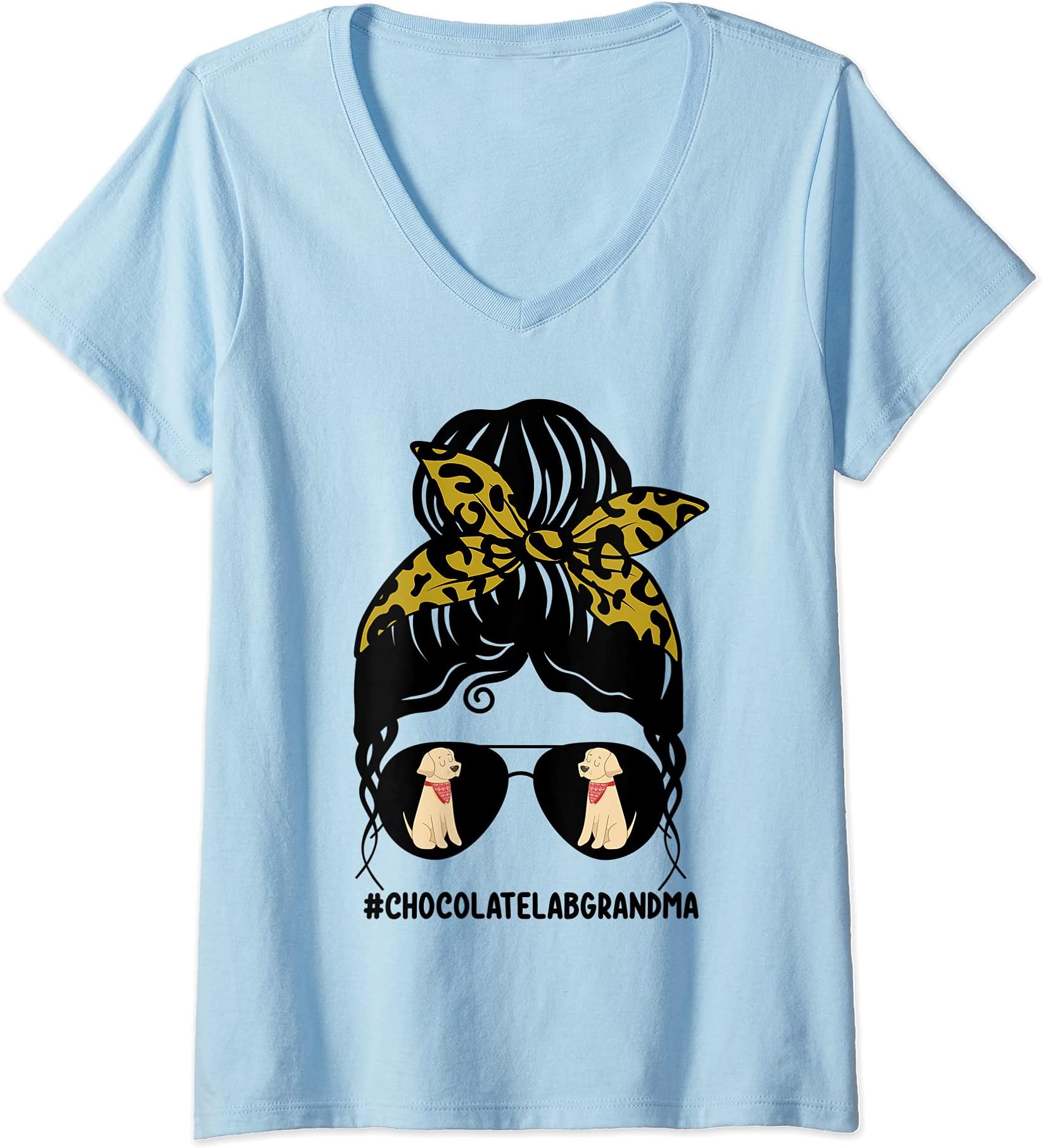 Womens Bleached Chocolate Lab Grandma Life Messy Bun Hair Glasses V-Neck T-Shirt