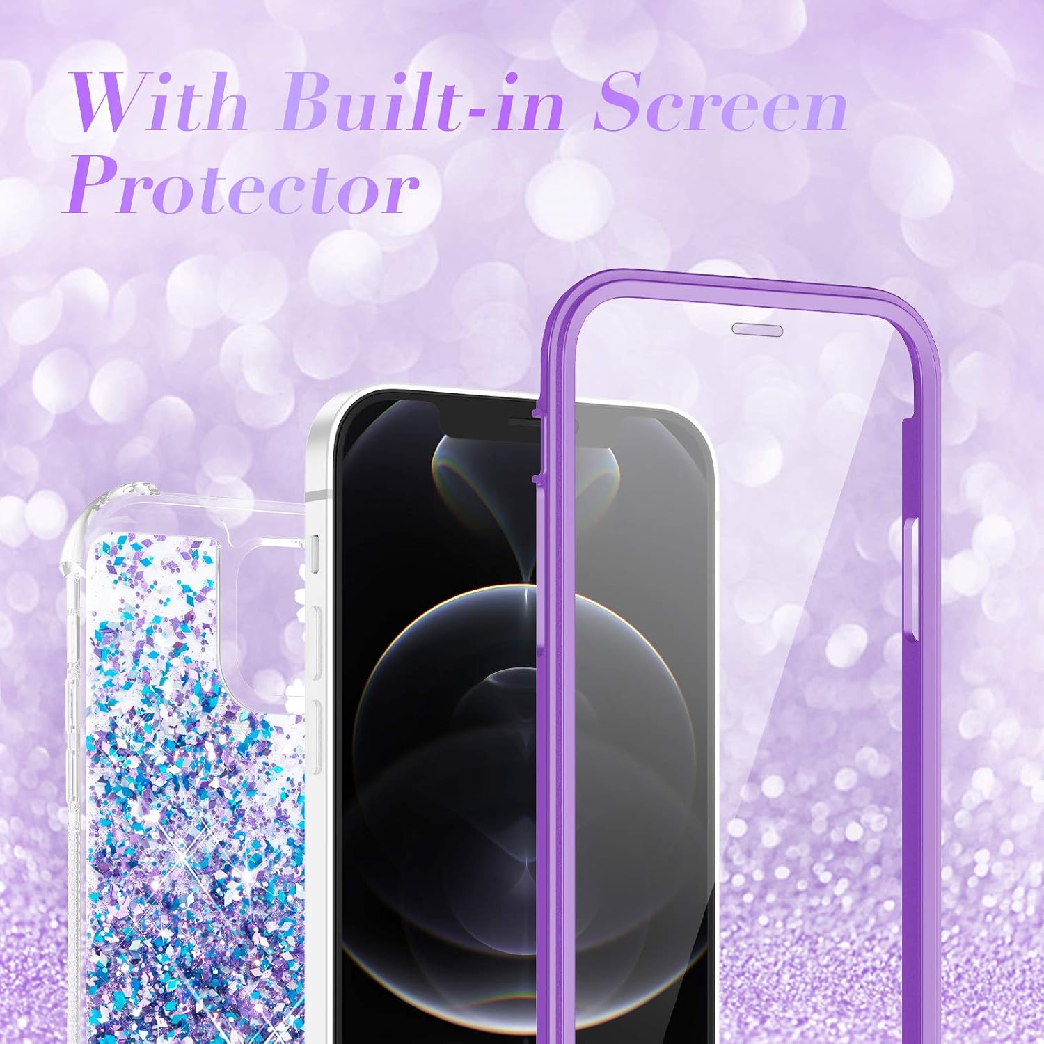 Caka Glitter Liquid Case Compatible with iPhone 12 12 Pro, Full Body Case with Built in Screen Protector Glitter Clear for Girls Women Girly Bling Sparkle Liquid Case 6.1 inches (Blue Purple)
