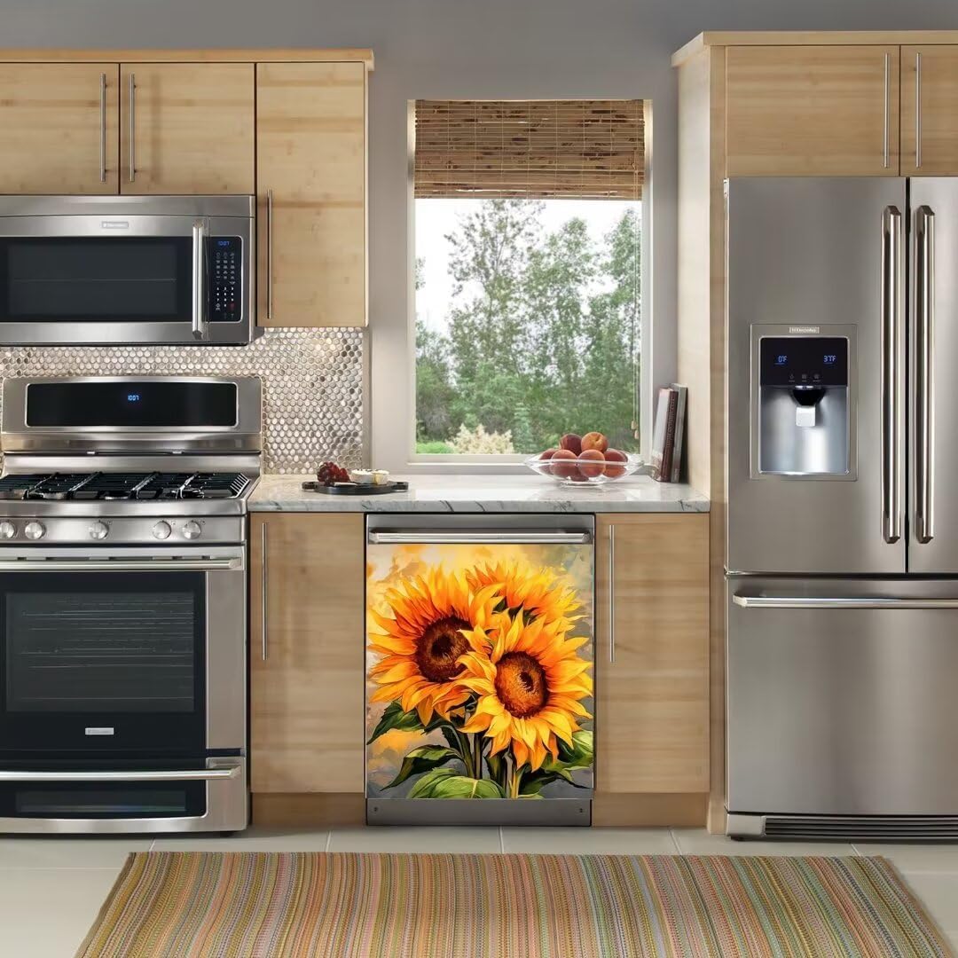 Farmhouse Sunflower Kitchen Dishwasher Magnet Skin Cover, Blooming Sunflower Painting Magnetic Refrigerator Door Panels Decal, Vinyl Sticker 23" x 26" Magnetic