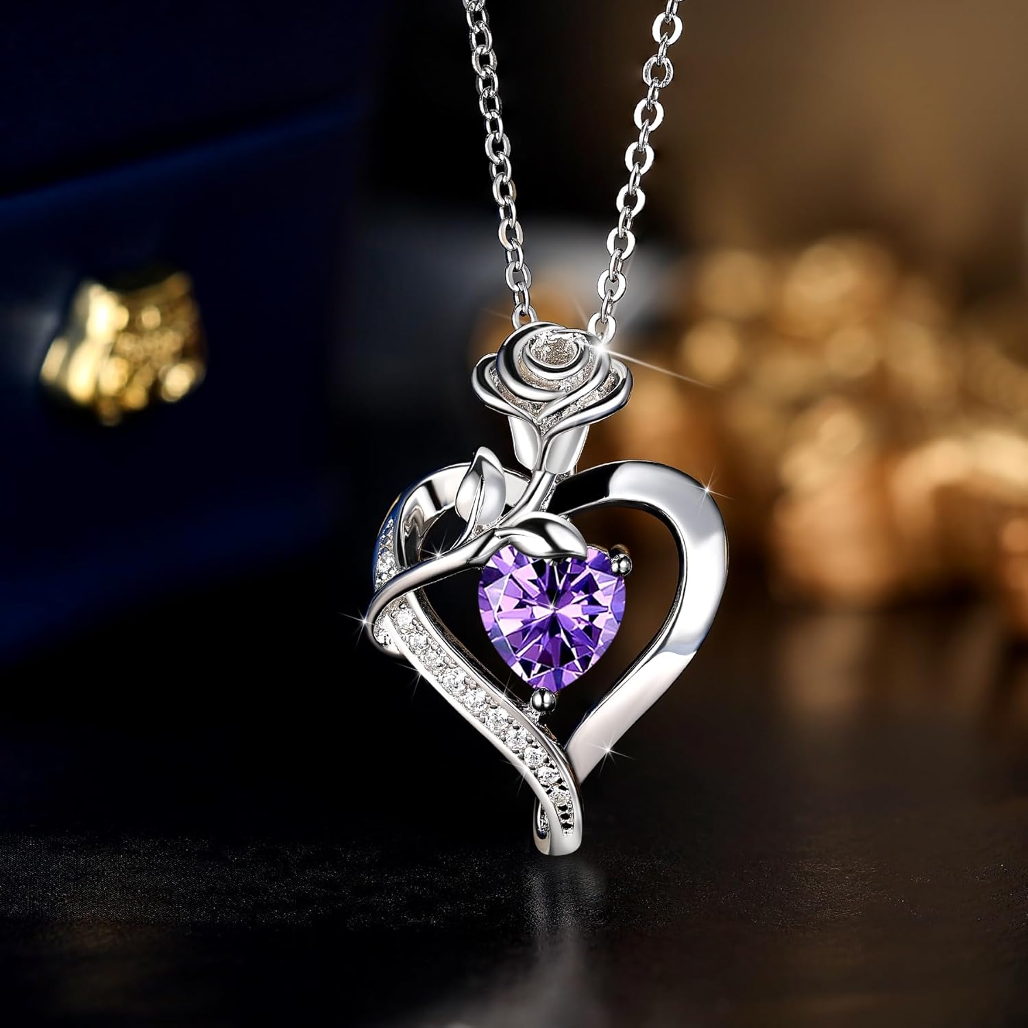 S925 Sterling Silver Rose Flower Dainty Birthstone Heart Necklaces Gifts for Women Jewelry Anniversary Valentines Day Birthday Gifts for Wife Girlfriend Mom