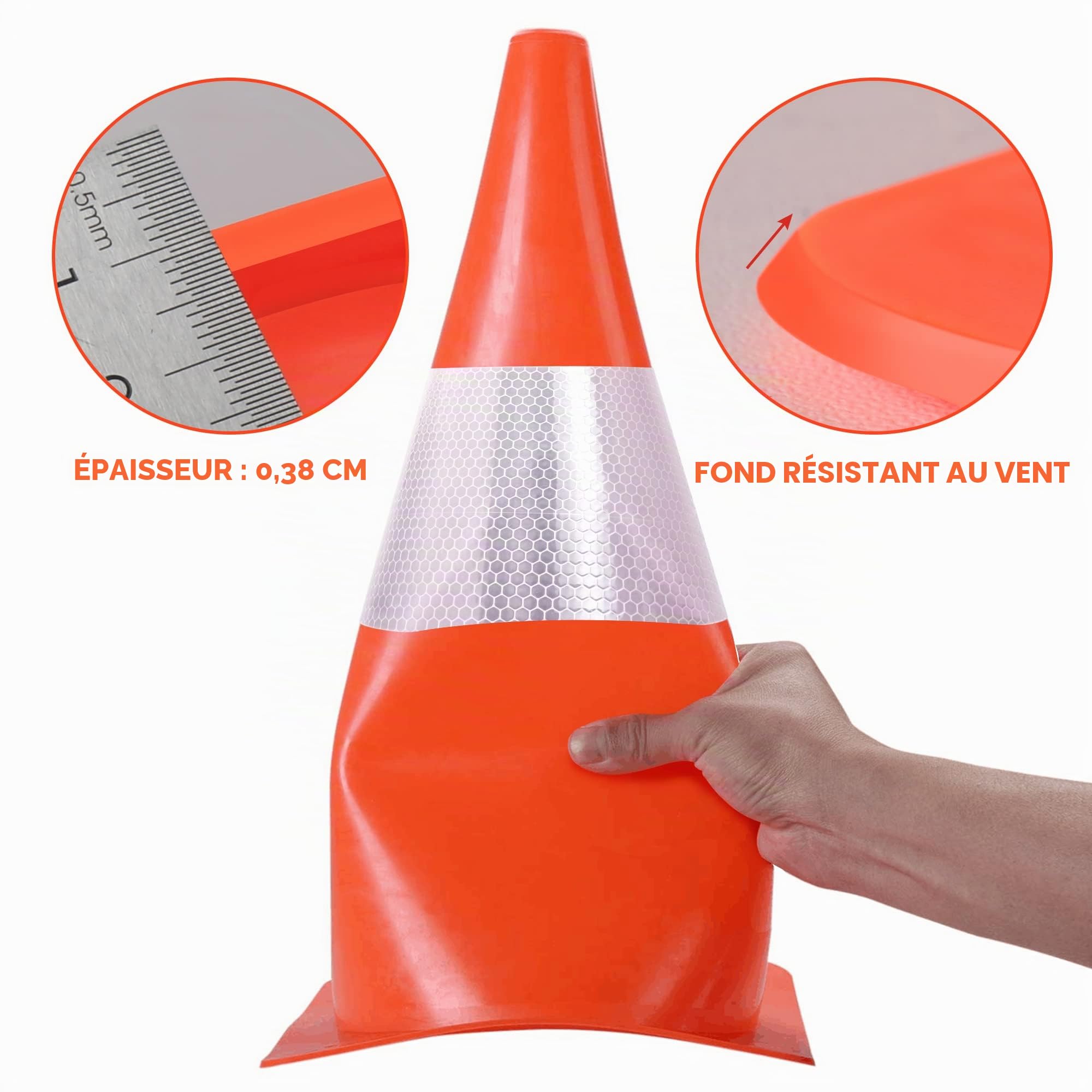 38cm Cône d'avertissement - Lot de 4 cônes d'avertissement réfléchissants orange - Cône de direction/pylon pour parking, sécurité routière, chapeaux de marquage pour activités de plein air et