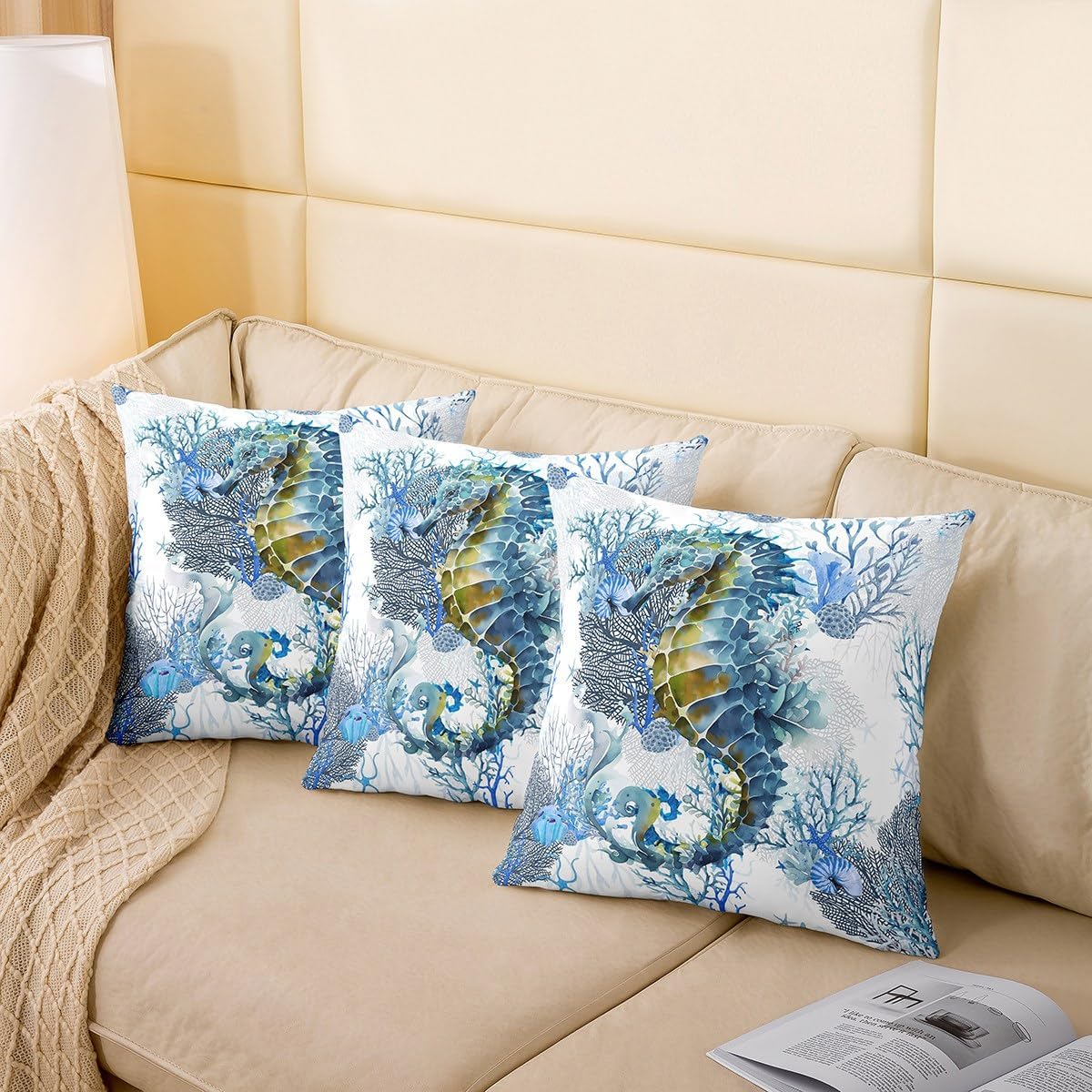 Pack of 2 Seahorse Throw Pillow Covers 24x24, 3D Seahorse Printed Decorative Square Pillow Cases, Coastal Ocean Life Pillow Covers for Home Outdoors Bed Sofa, Sealife Coral Cushion Covers, Blue White