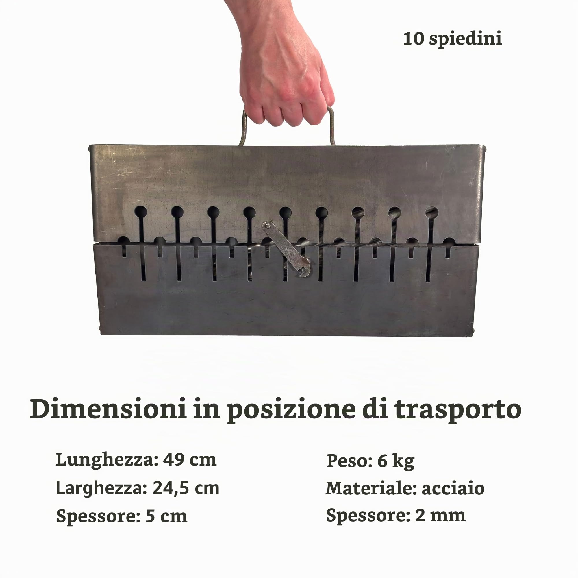 Mangal, barbecue a carbonella, pieghevole, in acciaio da 2 mm, per 10 spiedini, portatile, per campeggio, giardino, picnic e viaggi