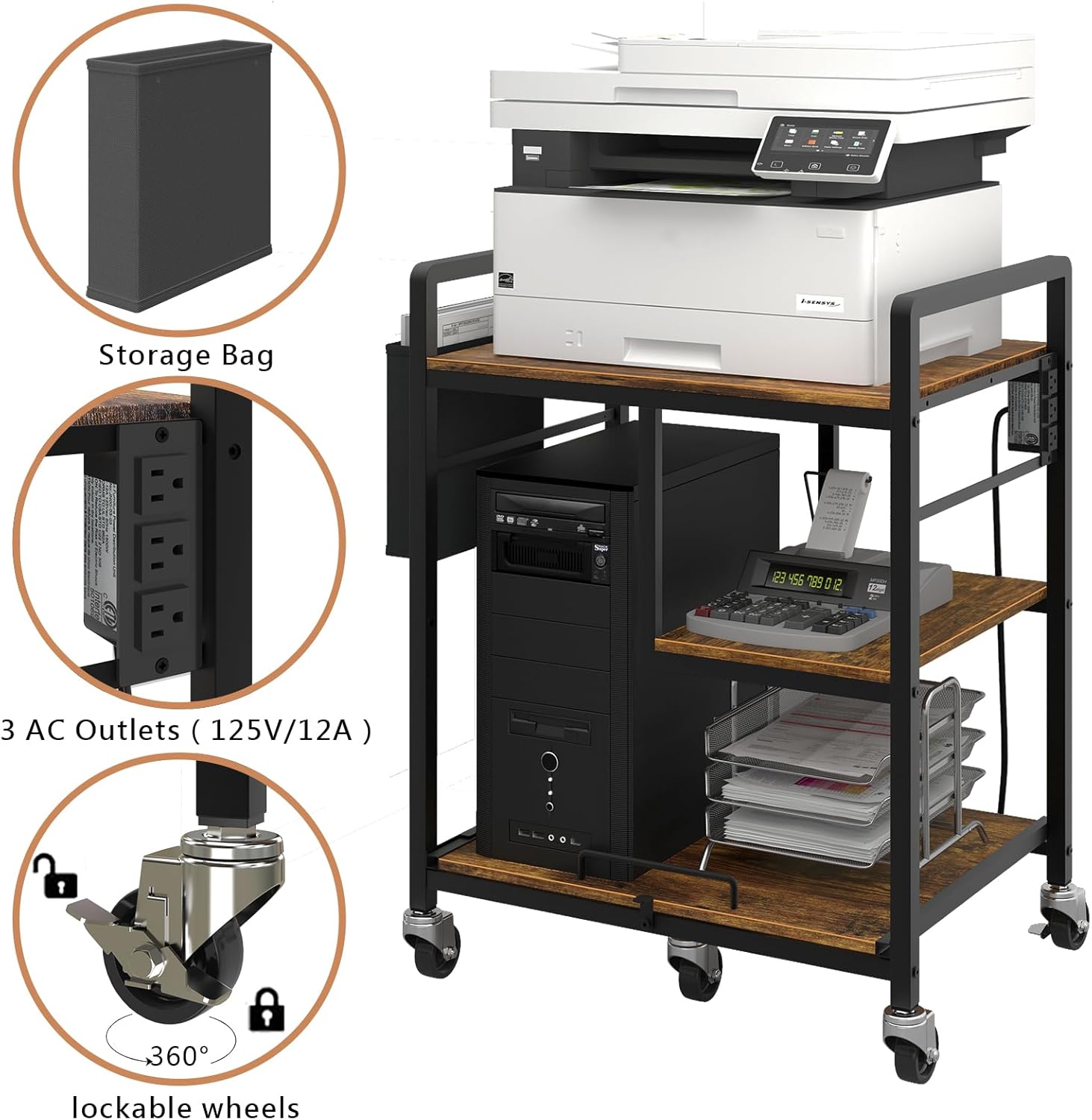 Printer stand with power outlets and lockable wheels