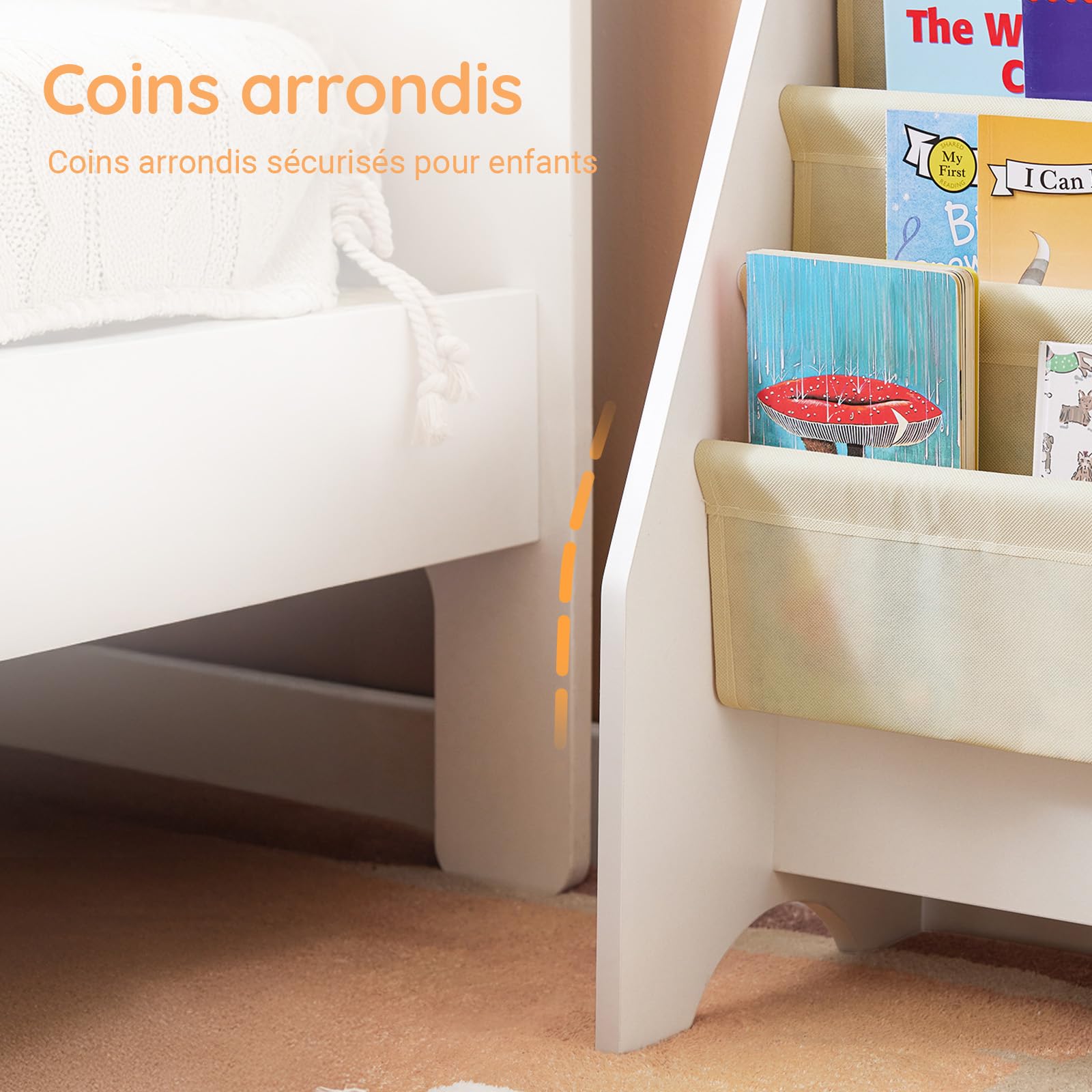SoBuy Bibliothèque Enfant Rangement Jouet Enfant avec 4 Poches Tissu Étagère Chambre pour Jouet et Livre Bibliothèque Meuble de Rangement Blanc 62x30x71cm FRG225-W
