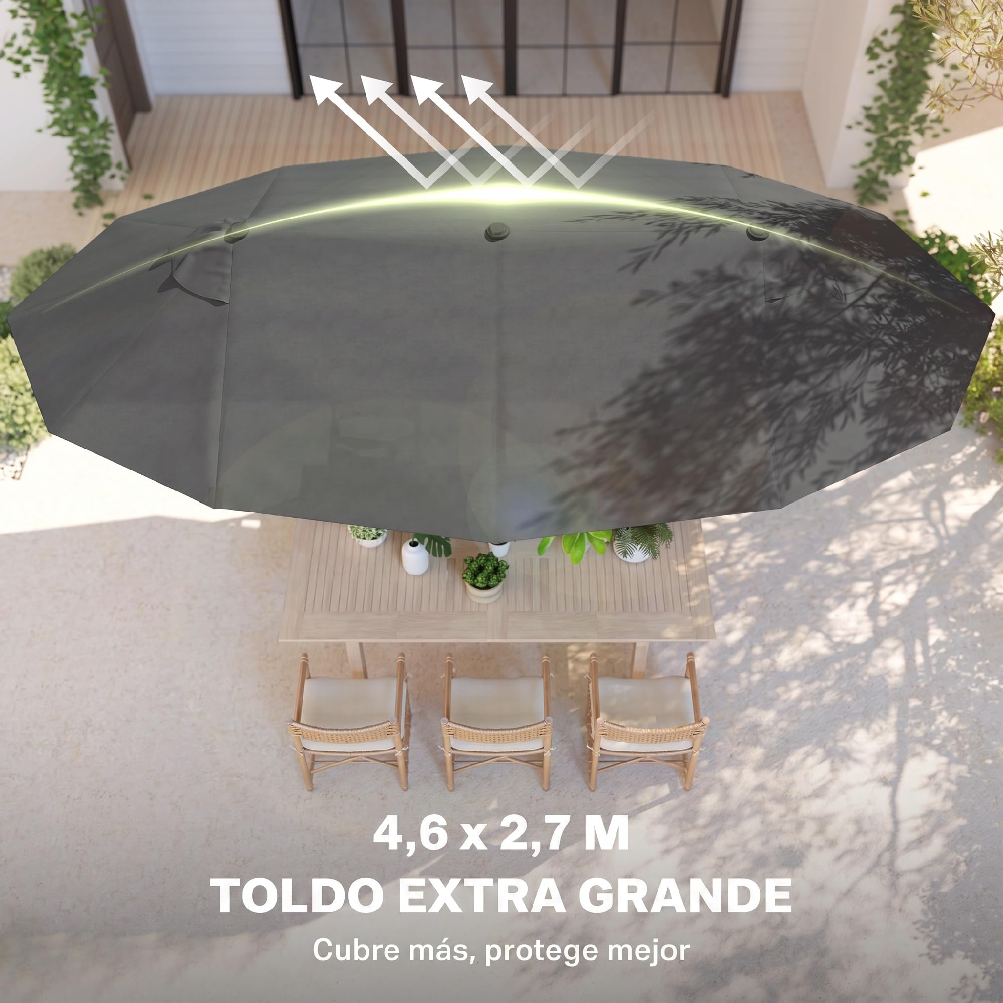 Outsunny Sombrilla Doble Anti UV para Jardín 4,55x2,65x2,38m Gris | Sombrilla Gigante, Con Manivela, para Terraza Exterior Patio Piscina