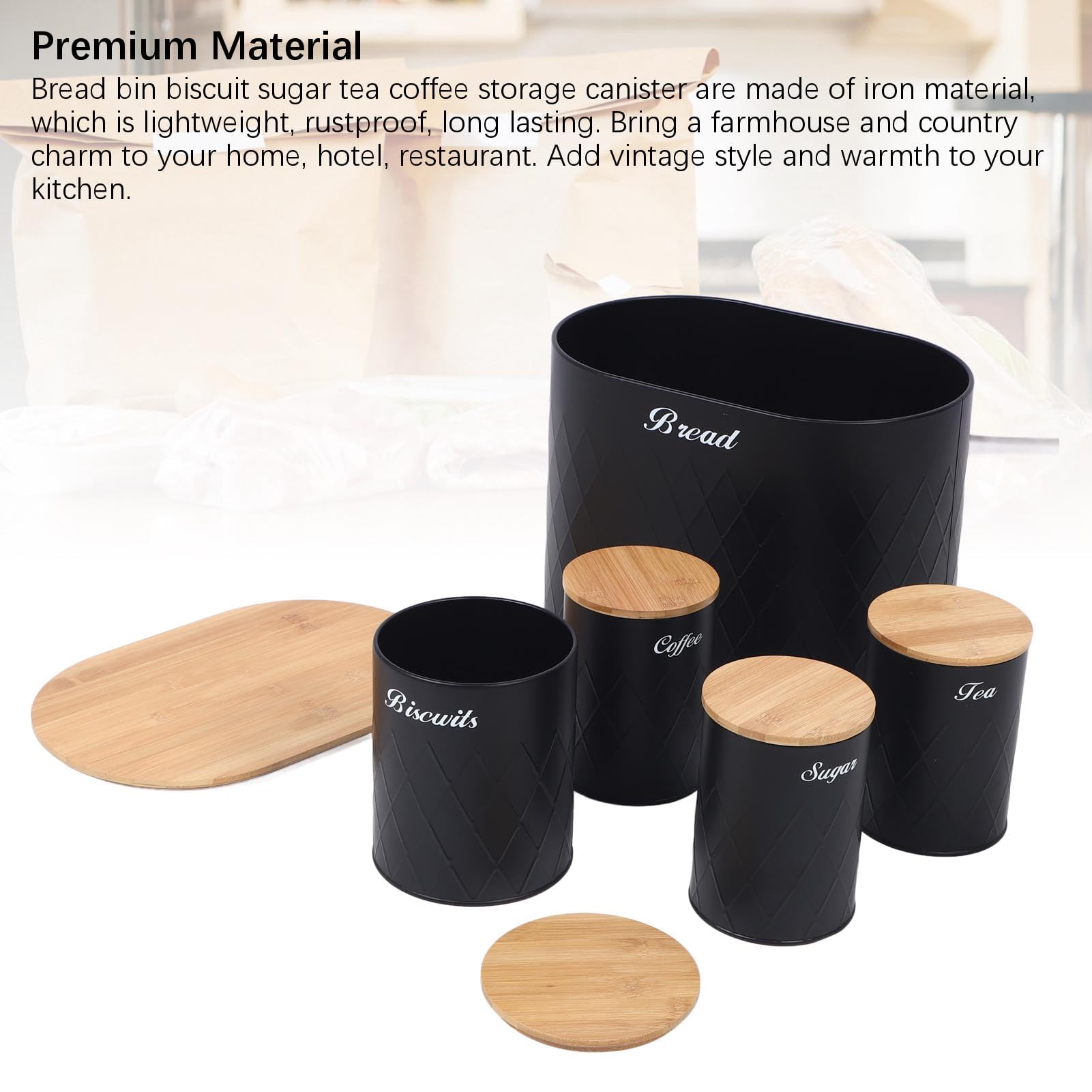Caja de pan con juego de recipientes para encimera de cocina, contenedor de almacenamiento de pan de hierro, recipientes de almacenamiento para galletas, té, café, azúcar con