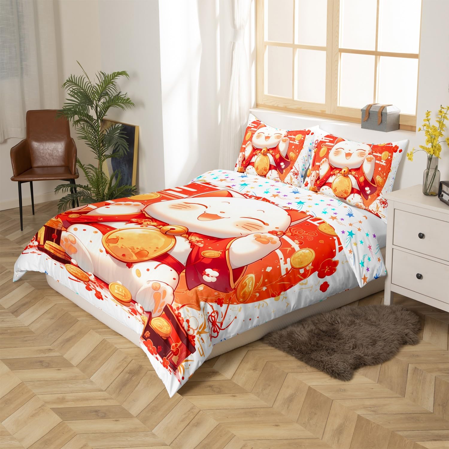 Kawaii Cat Duvet Cover Set Cute Cartoon Animal Japanese Style Bedding Set for Kids Boys Girls Teens Watercolor Red Orange Graffiti Hippie Quilt Cover with 1 Pillowcase(No Comforter)Toddler Size 2 Pcs