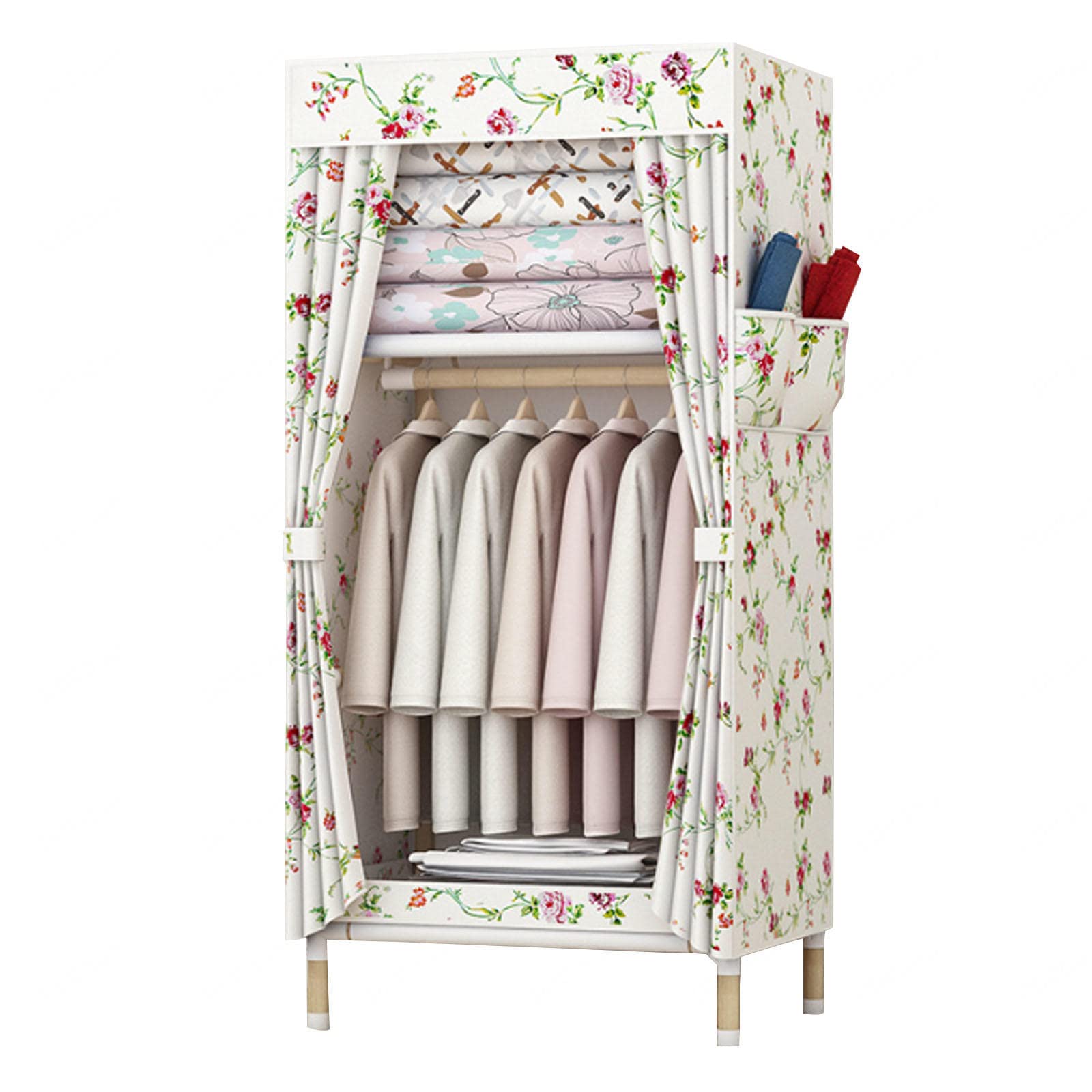 Tragbarer Kleiderschrank aus Segeltuch, Regale, faltbarer Schrank mit Kleiderstange und Seitentaschen, Kleiderschrank, Aufbewahrungsorganisator für Kleidung, Taschen, B-65 x 45 x 1
