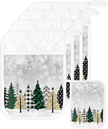 Miniatura 43 de Juego de 5 agarraderas de tela de toalla para cocina, antideslizantes y aislantes de calor, con bolsillo, guantes gruesos para horno, posavasos