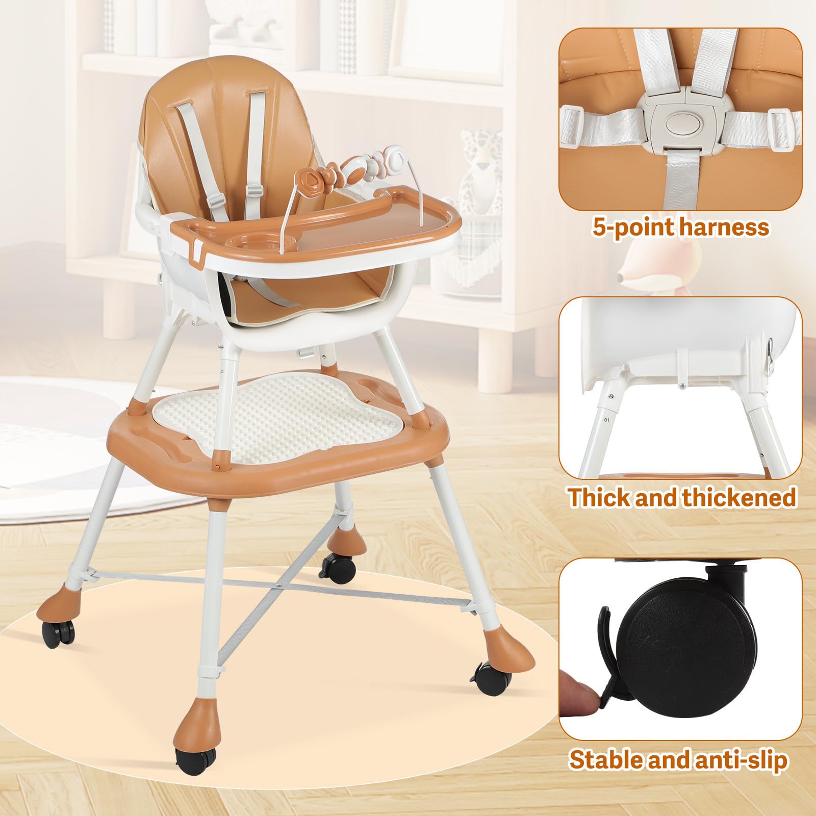 Toddmomy Krzesełko do karmienia dla niemowląt | 6 w 1, ergonomiczne krzesełko do karmienia, podwyższenie, stolik do gry | Rozkładany fotelik dla malucha z pasami bezpieczeństwa do jedzenia i zabawy,