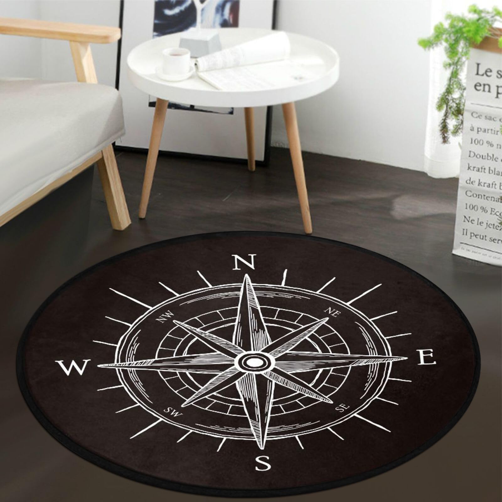 keepcute Vintage Wind Rose Compass Black Round Area Rug for Bedroom Living Room Study Playing,Non-Slip Round Floor Mat Carpet, 3' Diameter
