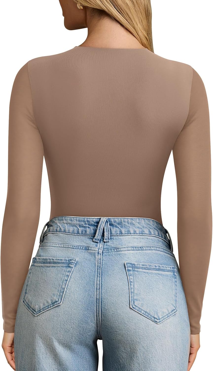 PINKMSTYLE Womens Square Neck Mesh Long Sleeve Bodysuit Going Out Tops Date Night Outfit 2025 - Image 4