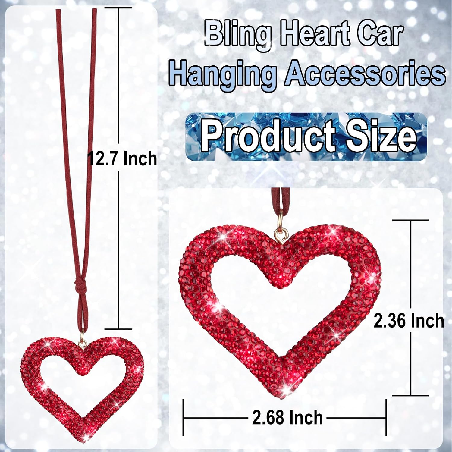 Bling Heart Car Hanging Accessories, Car Accessories for Women, Bling Rear View Mirror, Universal Bling Heart Diamond Car Accessories for Cars, Trucks, SUVs (Wine Red)
