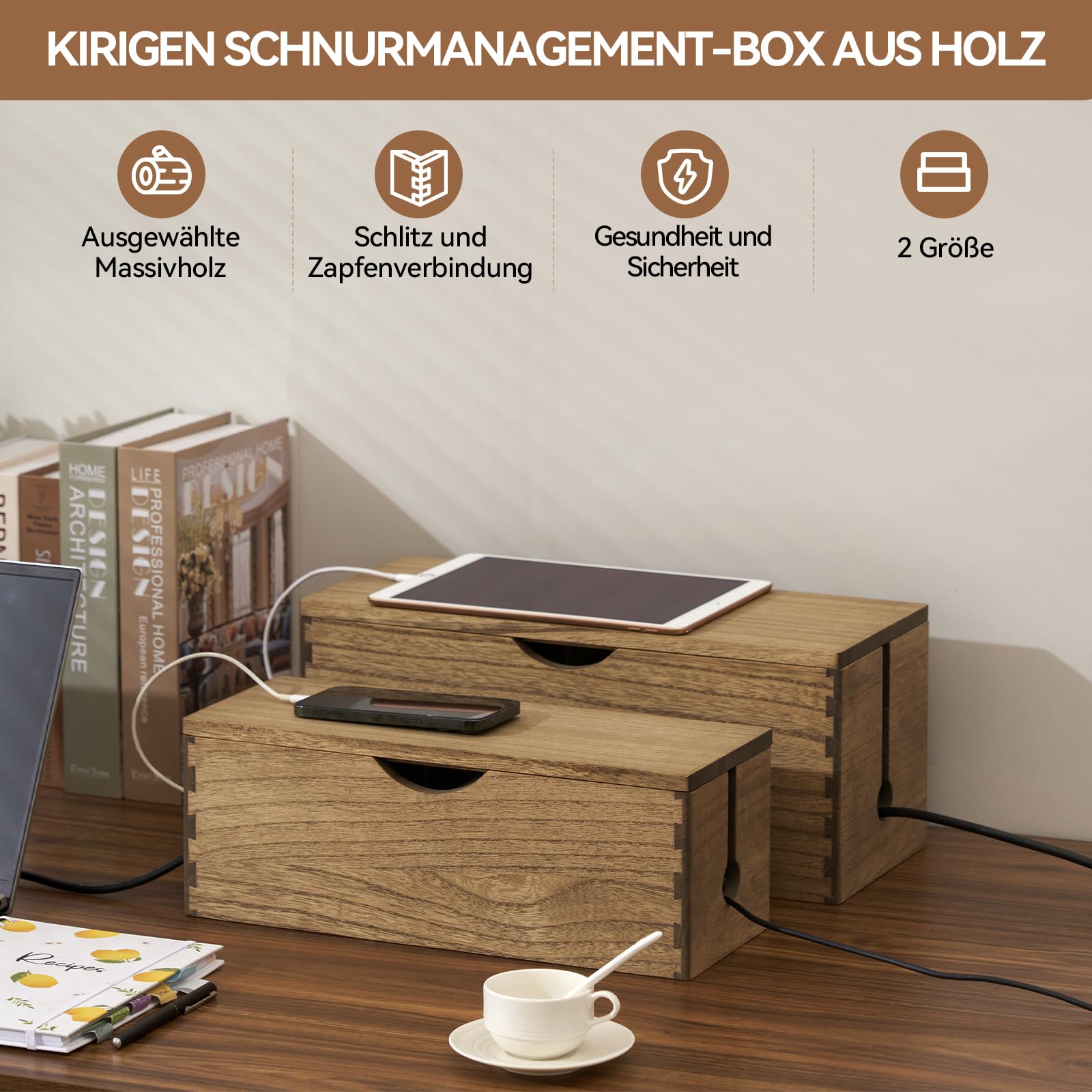 KIRIGEN Kabelbox aus Paulownia-Holz, 2er-Set mit klappbarem Deckel, Kabelmanagement-Box für Steckdosenleisten, Ladegeräte und Netzteile, inklusive 10 Kabelbindern, Dunkelbraun