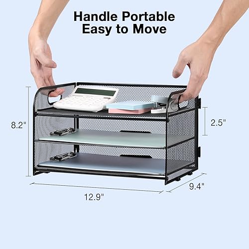 Miniatura 4 de Bandeja organizadora de papel de 3 niveles con asa, organizador de archivos de escritorio de malla compacto para suministros de oficina en casa,