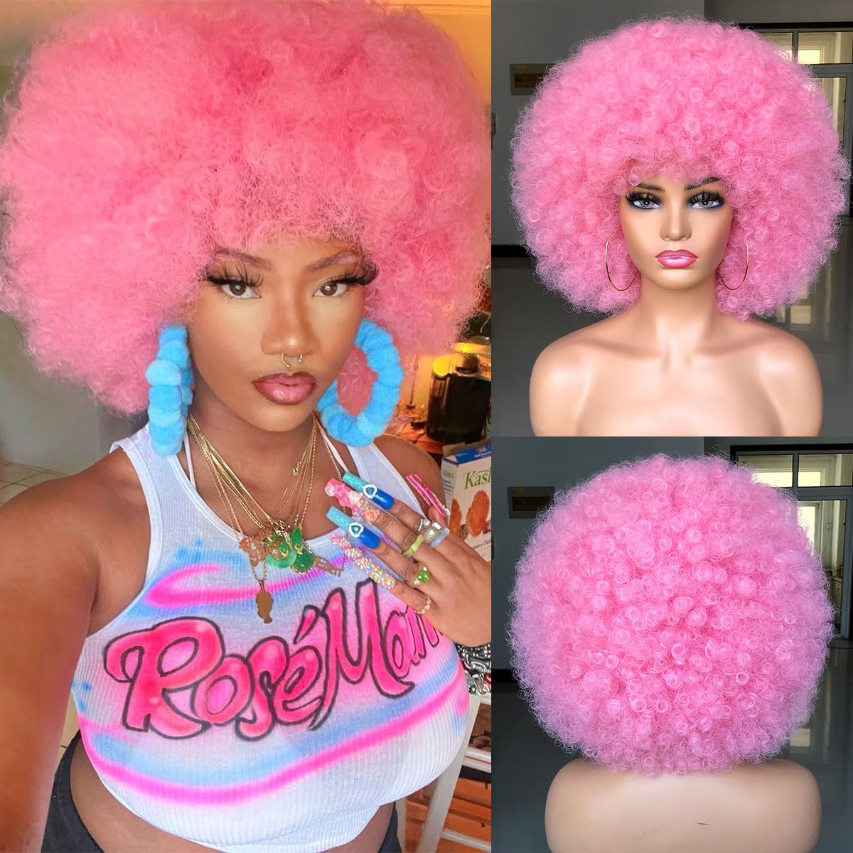 ISAMY 70's Afro Wigs for Black Women Short Curly Afro Kinky Wig Bouncy Huge Fluffy Puff Wigs Premium Synthetic for Cosplay and Daily (Pink) - Image 2