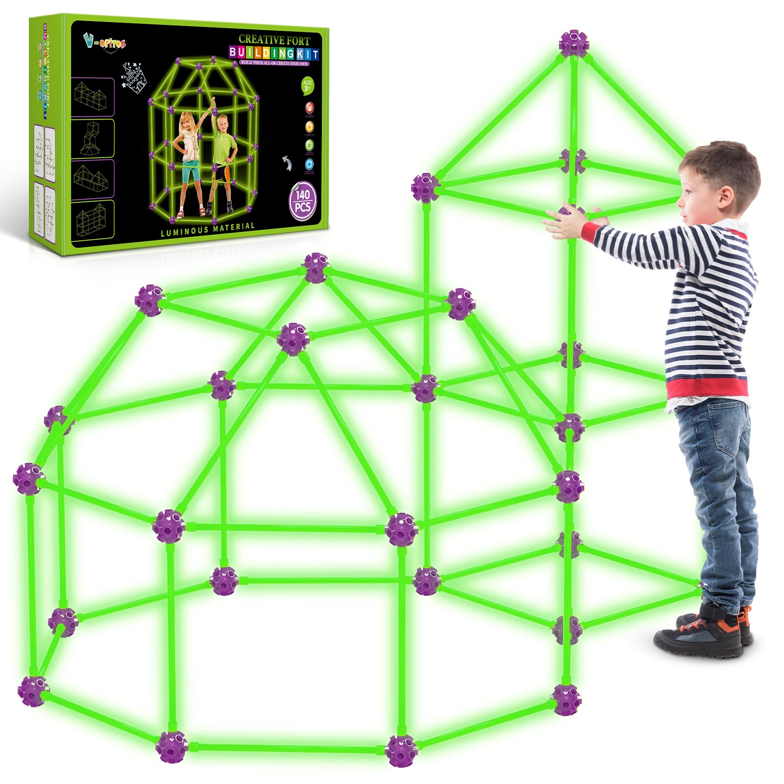 Sponsored Ad - V-Opitos 140 Pack Glow in The Dart Fort Building Kits for Kids Age 4, 5, 6, 7, 8+ Years Old, STEM Building Toys for DIY Castles, Tunnels, Ideal Christmas, Birthday Gifts for Boys & Girls