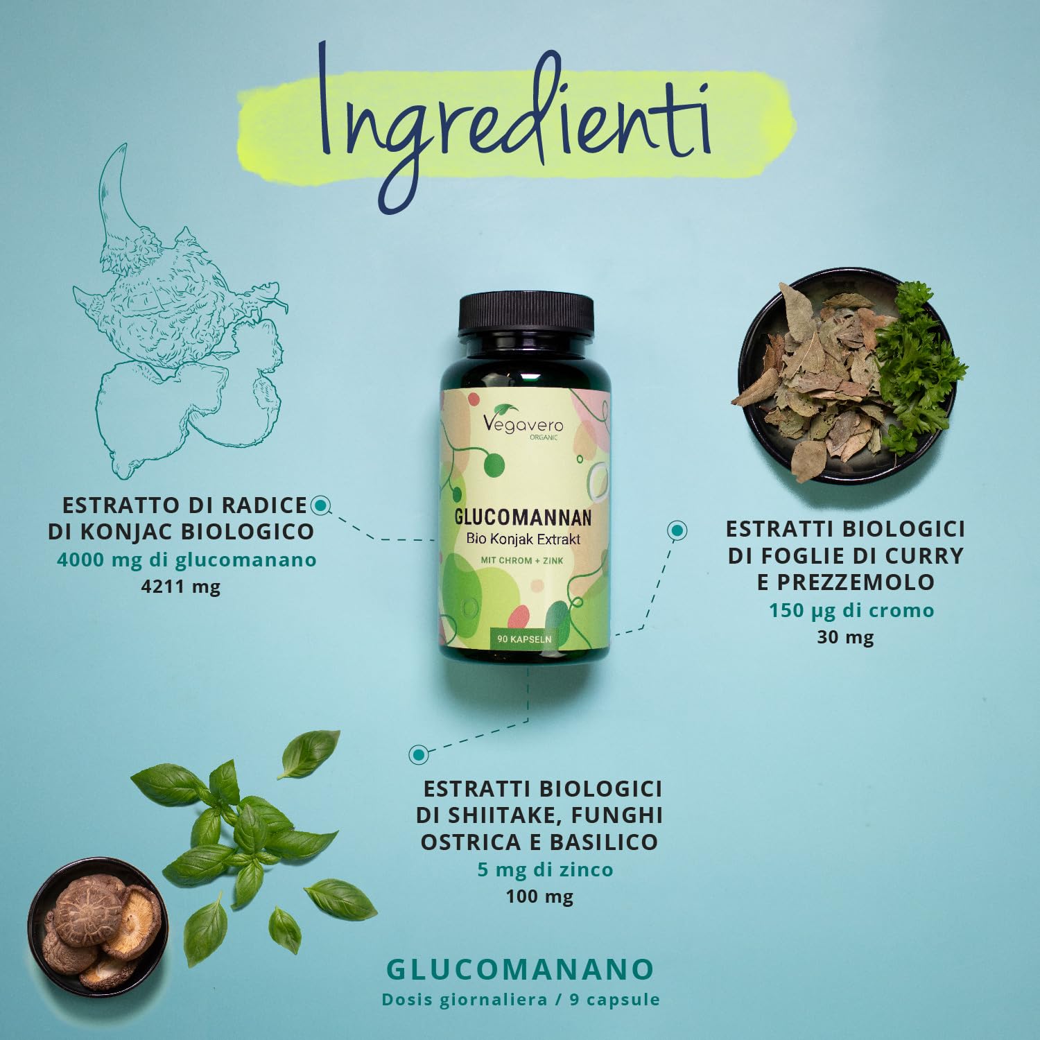 Glucomannano Forte | 4000 mg | con Cromo e Zinco | Alto Dosaggio | Senza Additivi | No OGM | Vegan | Vegavero®