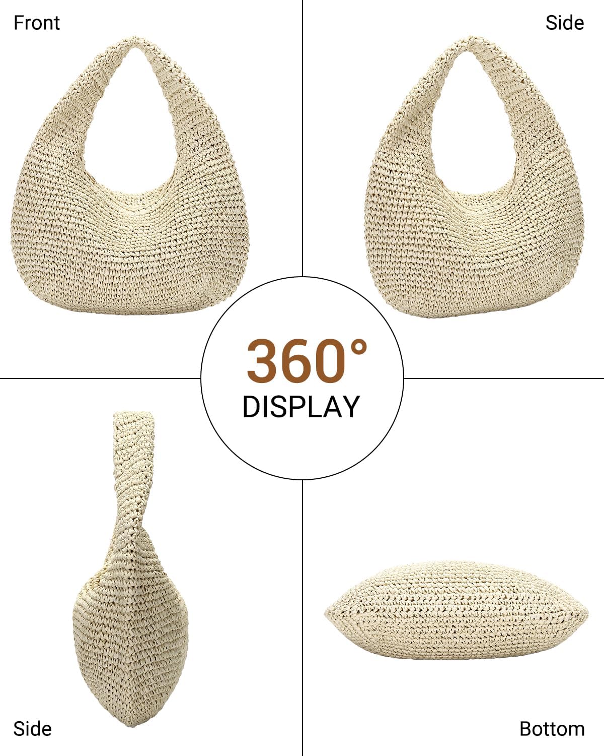 Herald Handmade Crescent Straw Bag for Women, Summer Beach Hobo Raffia Woven Underarm Shoulder Handbag Purse Tote - Image 4