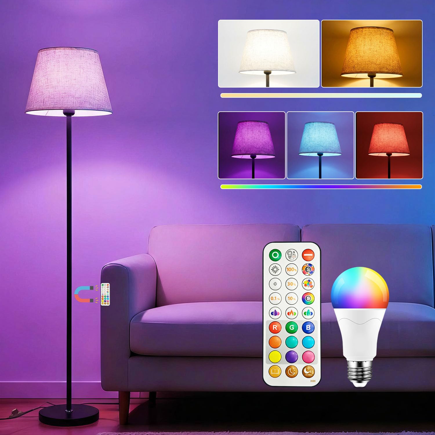 Lampadaire LED sur Pied Salon avec Variateur RGB, Double commande par Télécommande et interrupteur au pied, 9 couleurs + 6 modes Dynamiques, 152CM Moderne& 1200LM Ampoule, CRI92,pour Chambre et Bureau