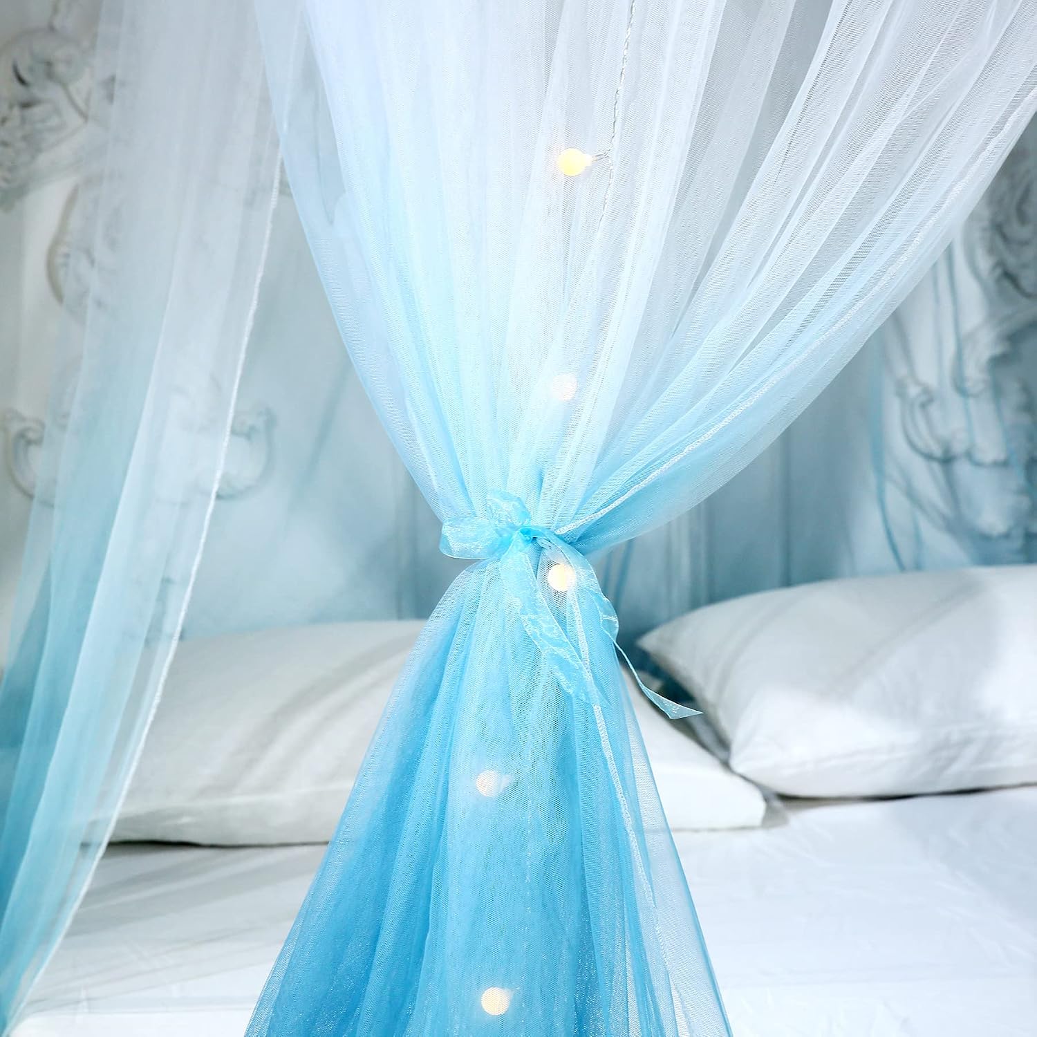 Mengersi Pirncess Bed Canopy for Girls & Adults with Lights,Round Dome Ombre Canopy Bed Curtains Mosquito Net Play Tent for Kids Teen Adult King Queen Full Double Bed (Round Canopy + Led Lights)
