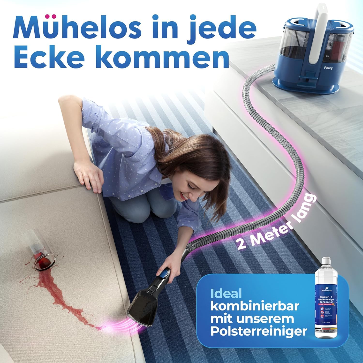 Primavella ​– Nass-/Trockenstaubsauger ​– 600 ​Watt, 1,5-Liter-Behälter ​– Polsterreinigungsgerät ​+ 4 ​Aufsätze für Sofa, Teppich, Auto, Polstermöbel