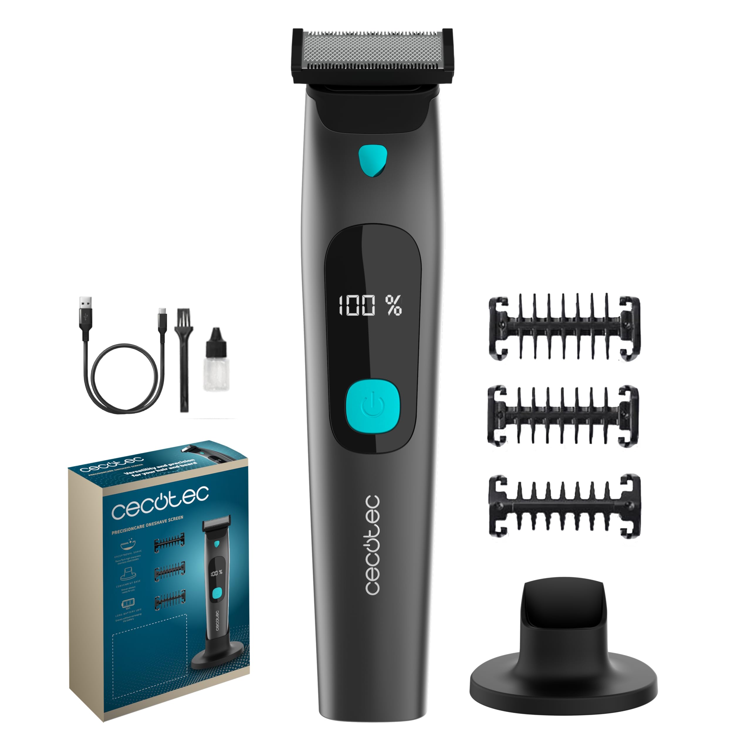 Cecotec Rasuradora Facial PrecisionCare OneShave Screen. Cuchillas de Acero Inoxidable, 3 Peines (1/3/5 mm), Base de Almacenamiento, Autonomía de 1,5h, Resistencia IPX7, Pantalla Inteligente
