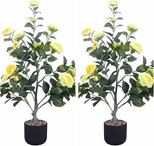 Garveehome 2Pcs 3ft Artificial Camellia Tree, Faux Camellia Plant in Pot with Realistic Flowers Decorative Floor Plant for Indoor Outdoor Home Office Living Room Decor Housewarming Gift