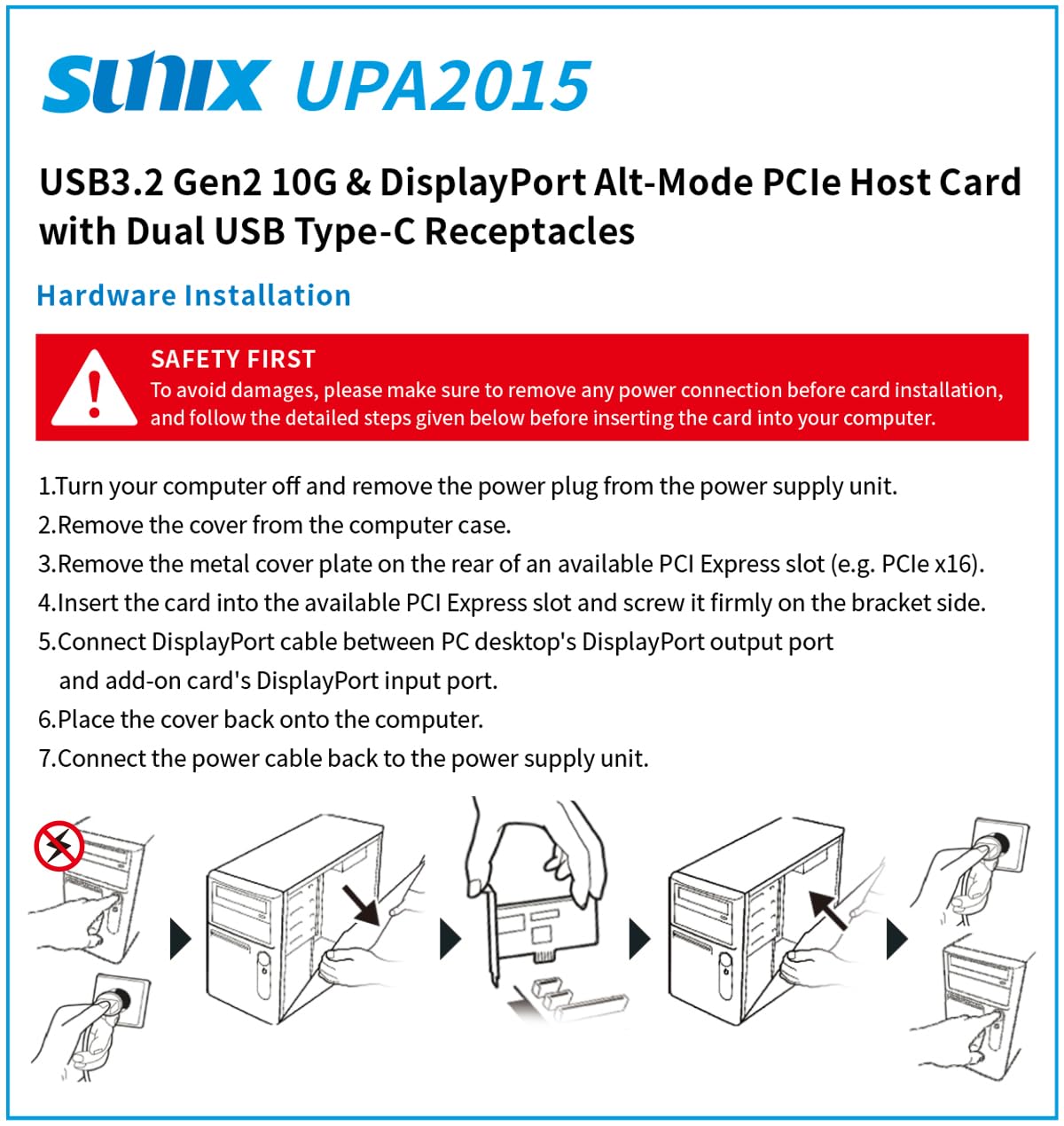 Sunix UPA2015 PCI Express Karte, USB 3.2 Gen2 10G, DP Alt Mode PCI Express Hostkarte mit 2 USB-C-Anschlüssen
