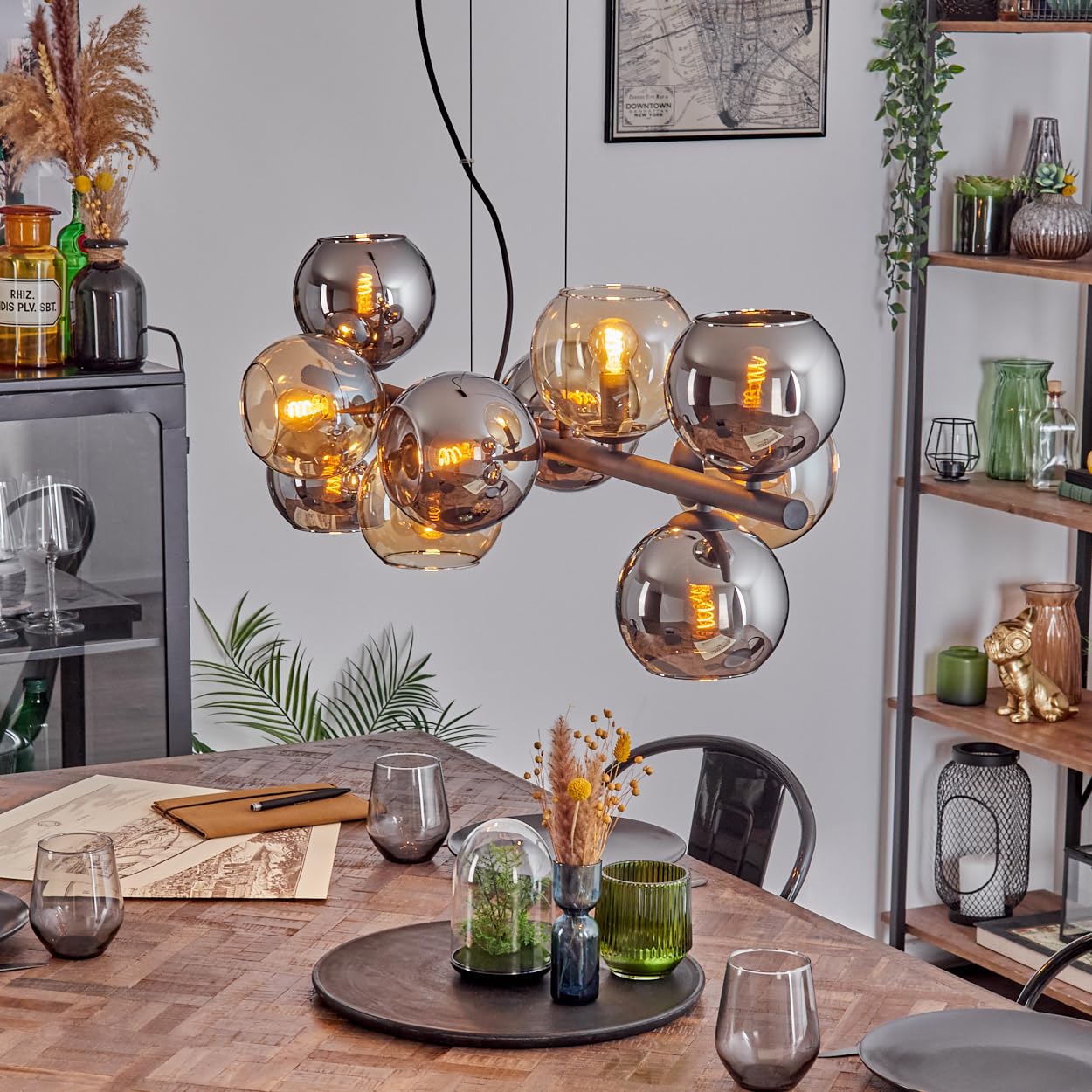 Hofstein Amber, Chrome, Smoke Gastor Pendant Light, 10-Burner Metal/Glass Hanging Lamp In Black/Chrome/Smoke/Amber In Retro/Vintage Design With Glass Shades, Max. 146Cm, E14, Dining Room, Living Room, Kitchen