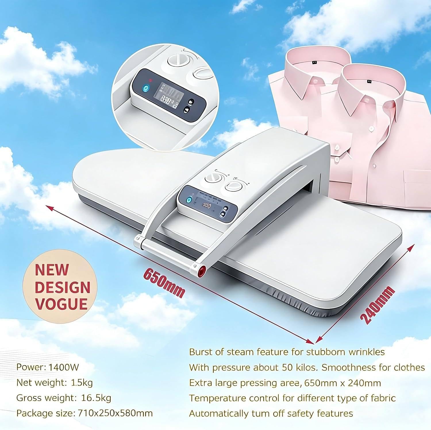 Plancha de presión comercial de 1400W con inyección de vapor(modelo estándar)| Incluye placa grande de 25,59 x 9,4 pulgadas,depósito de agua de 300 ml, pantalla LED y 5 ajustes de tejido Nostand