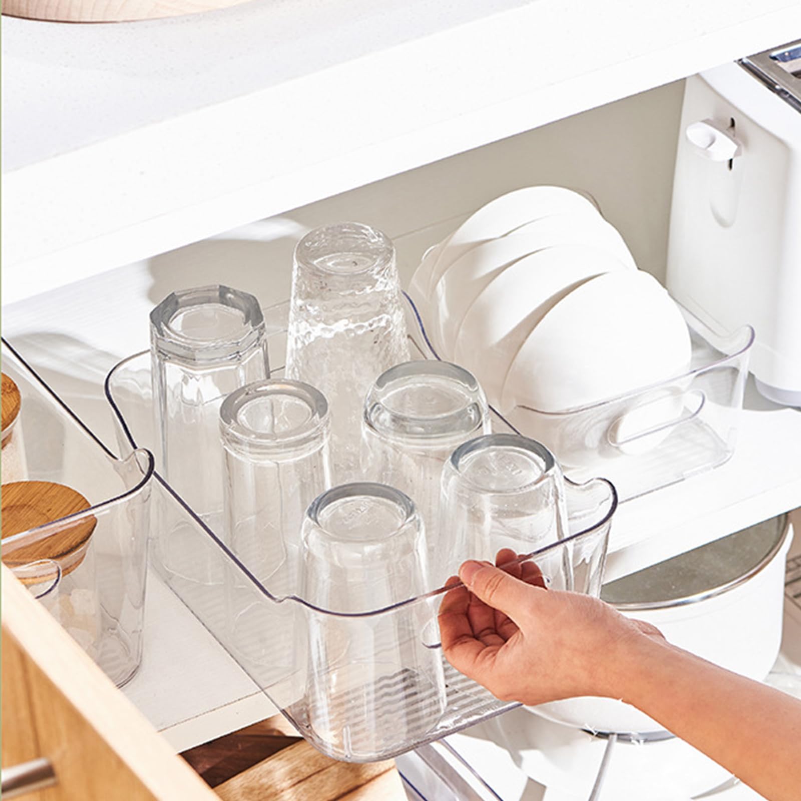 Organizador para la despensa - Juego de 4 - Organizador Cocina para Nevera, Cocina, Organizador de Fridge para Armarios y Encimeras, Transparente - Sin BPA - 28,5 x 20,6 x 13 cm