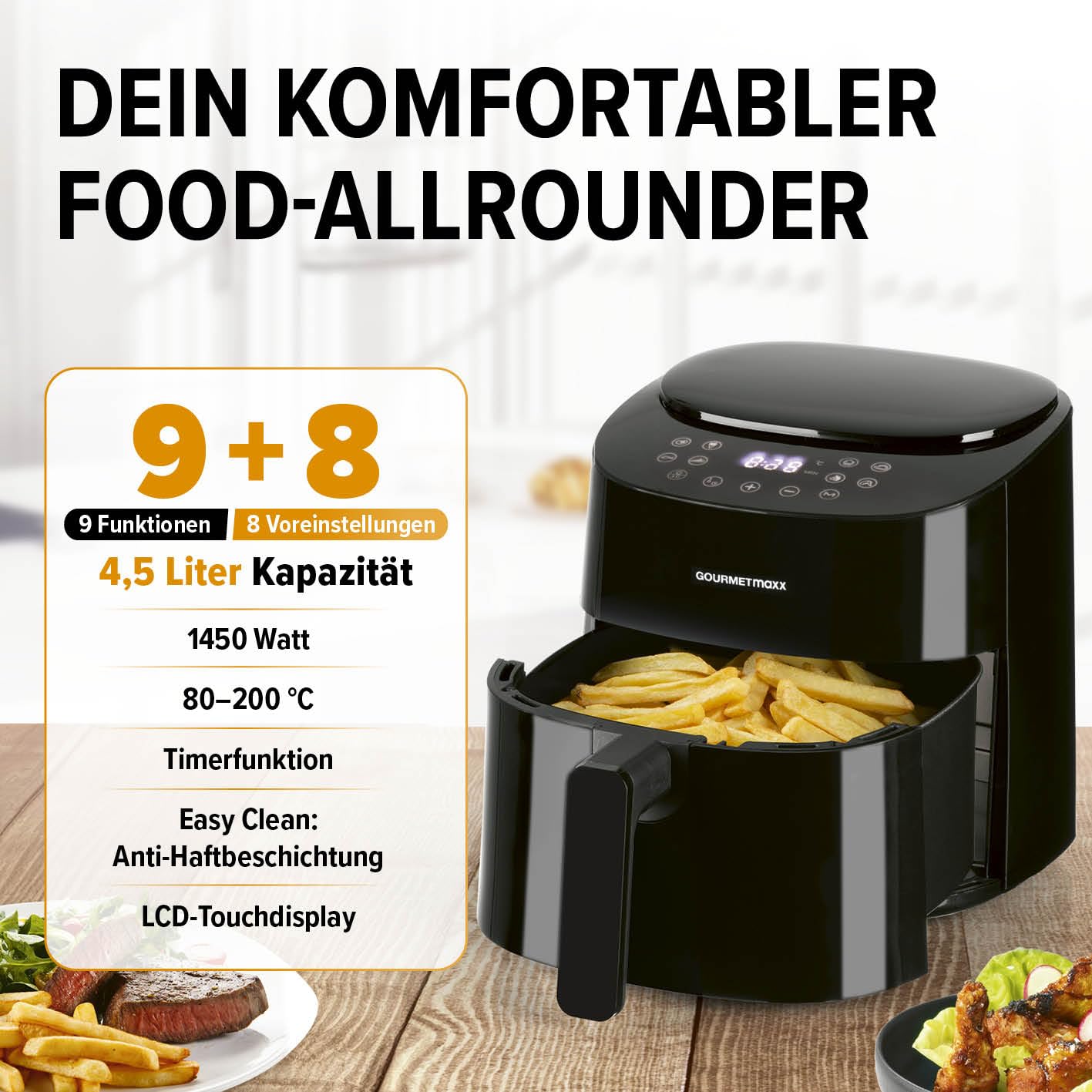 GOURMETmaxx Heißluftfritteuse | 4,5L Airfryer | Timer & Touchscreen | Fritteuse mit 9 Funktionen & 8 Programmen | energiesparend frittieren, nahezu ohne Öl | Minibackofen - 1400 W